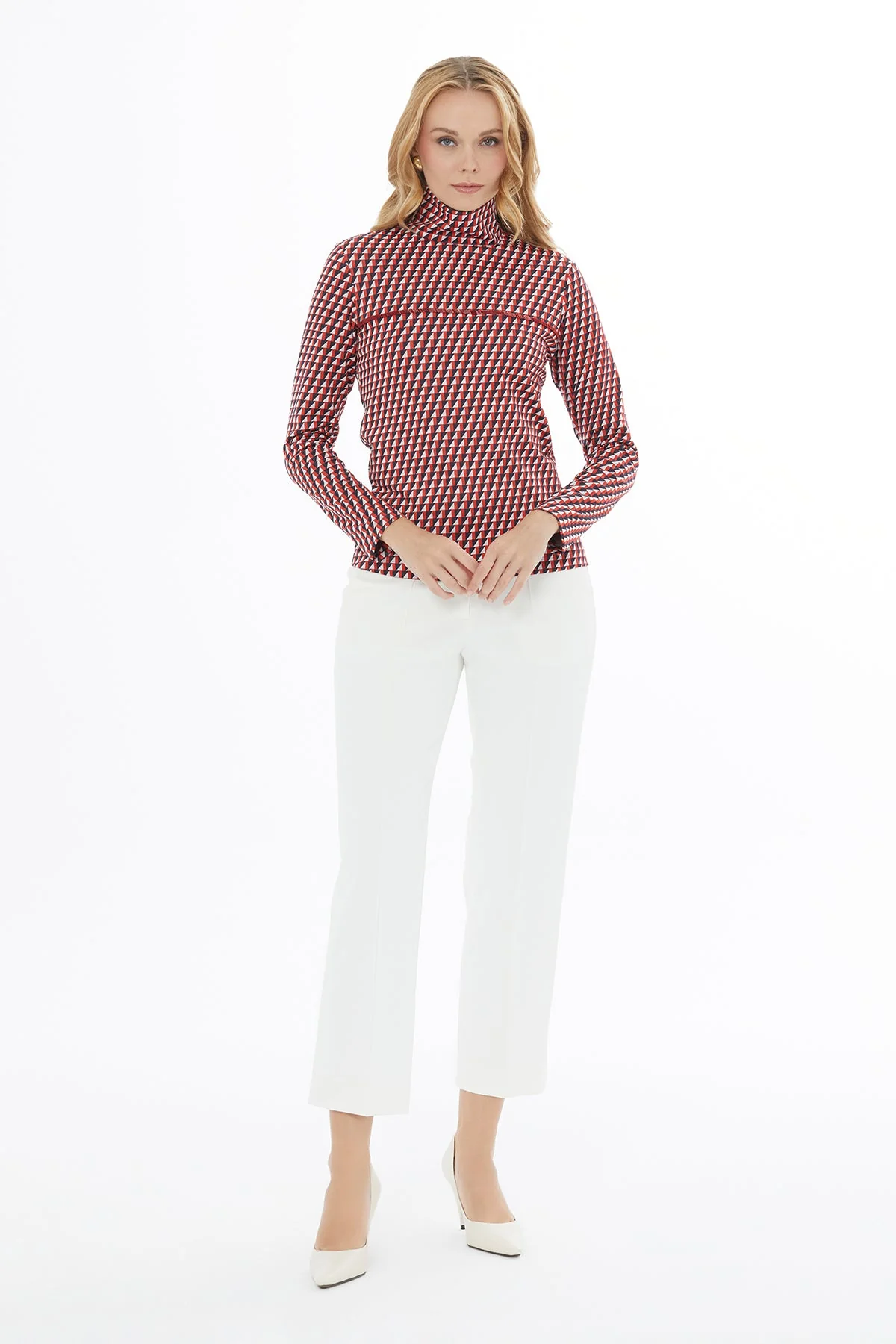 Printed Turtleneck Beaded Knitted Blouse - Image 3