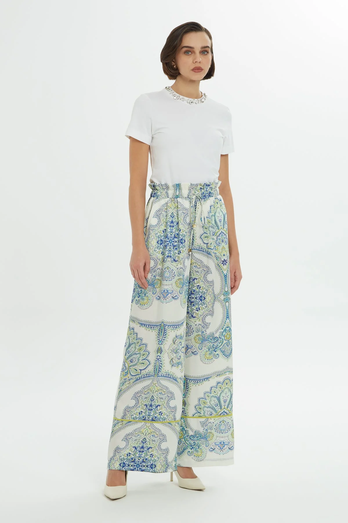 Printed Wide-Leg Blue Trousers