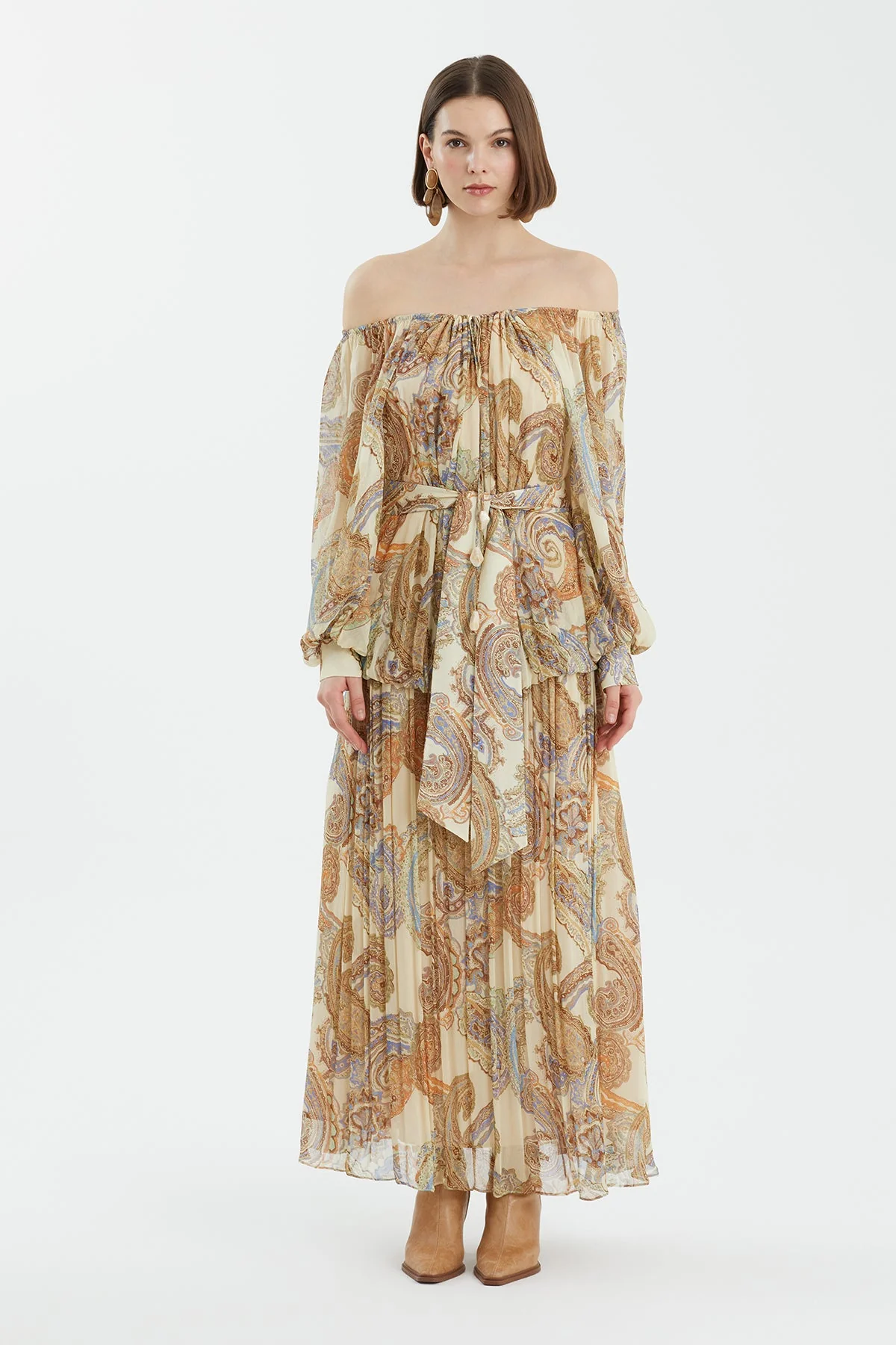Puff Sleeve Gathered Printed Dress