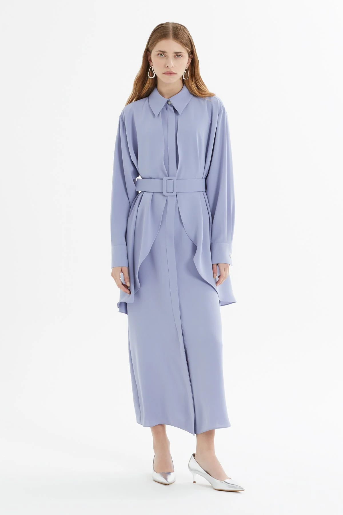 Purple Asymmetrical Dress with Belt Detail - Image 2