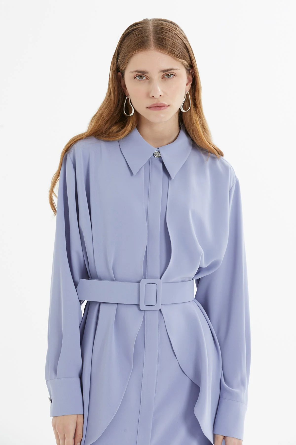 Purple Asymmetrical Dress with Belt Detail - Image 3