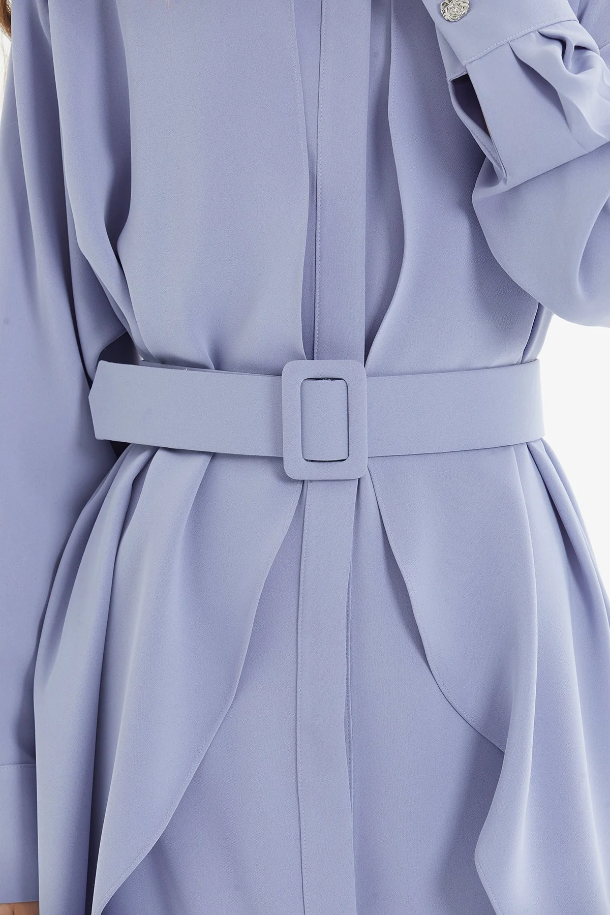 Purple Asymmetrical Dress with Belt Detail - Image 5