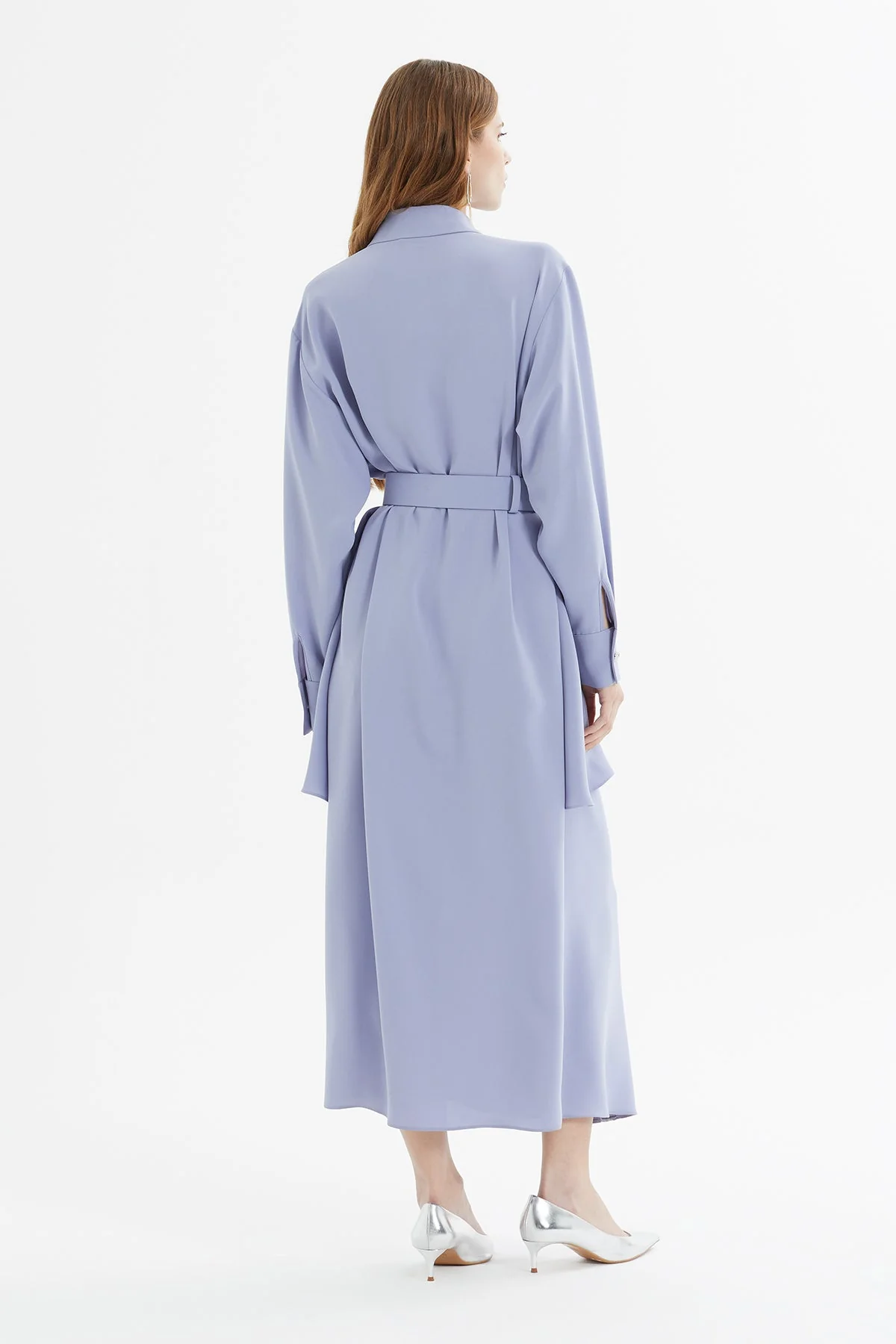 Purple Asymmetrical Dress with Belt Detail - Image 6