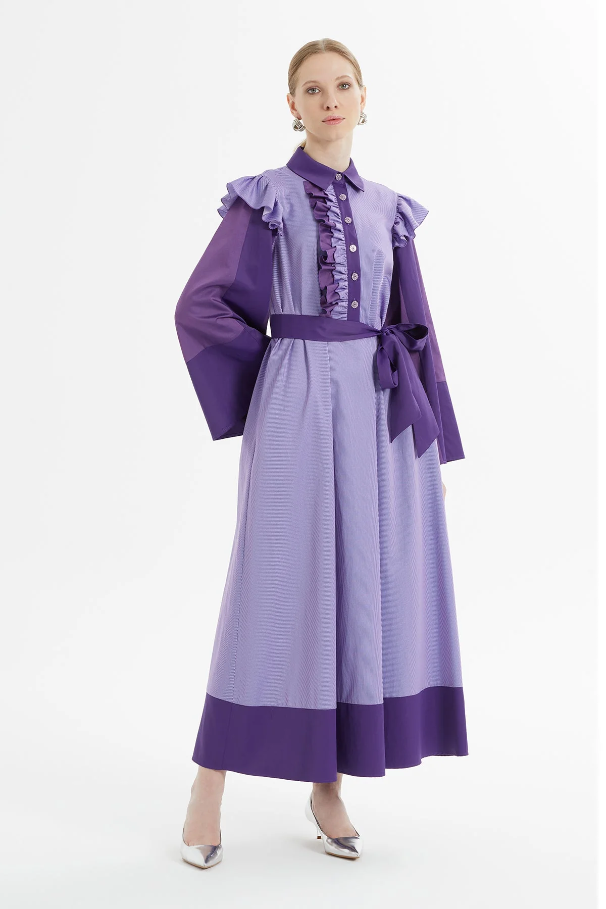 Purple Long Dress with Ruffled Shoulders - Image 2