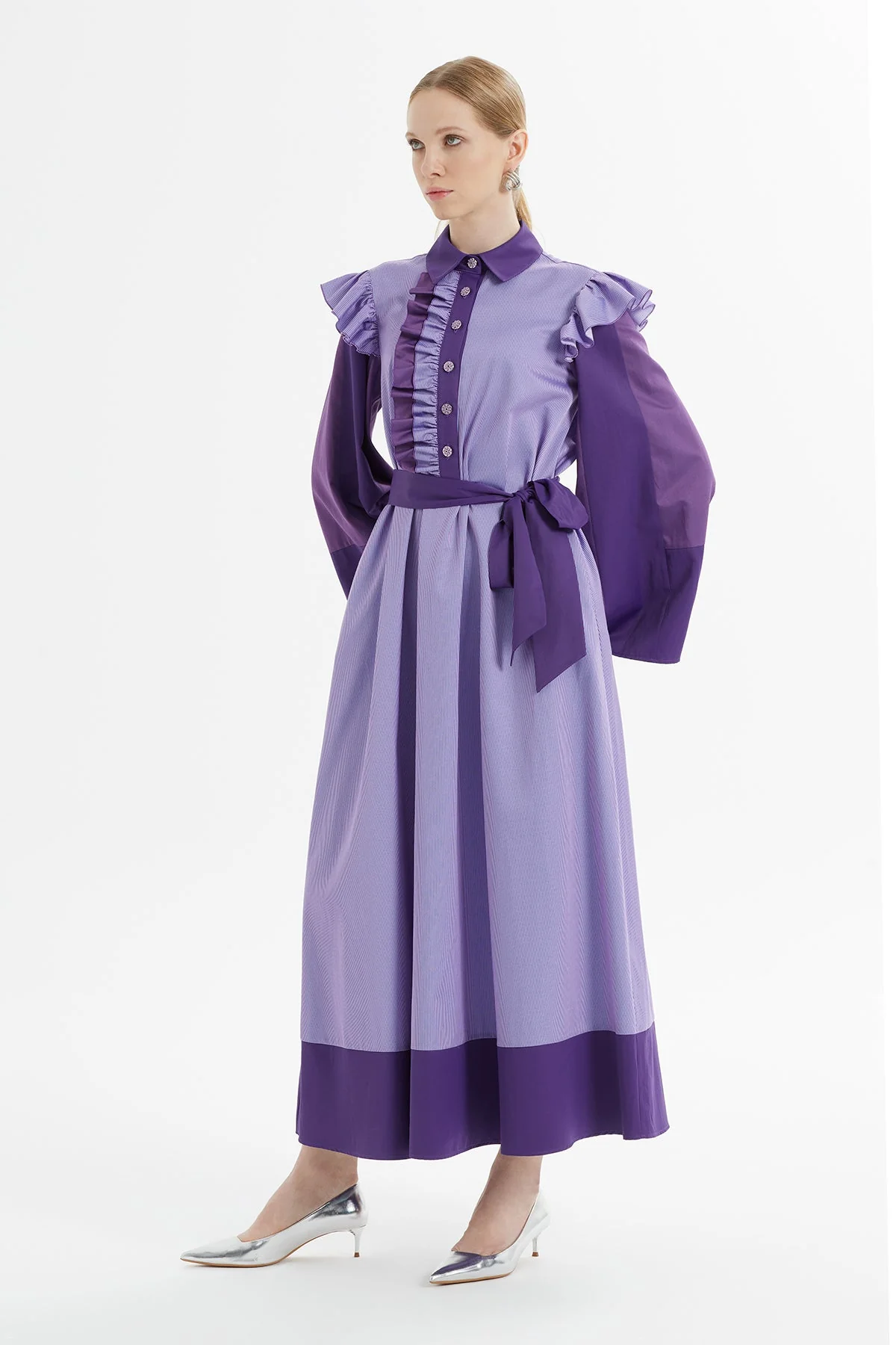 Purple Long Dress with Ruffled Shoulders - Image 3