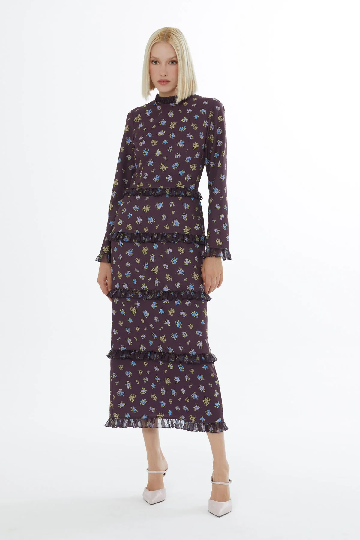 Purple Ruffled High Neck Maxi Dress
