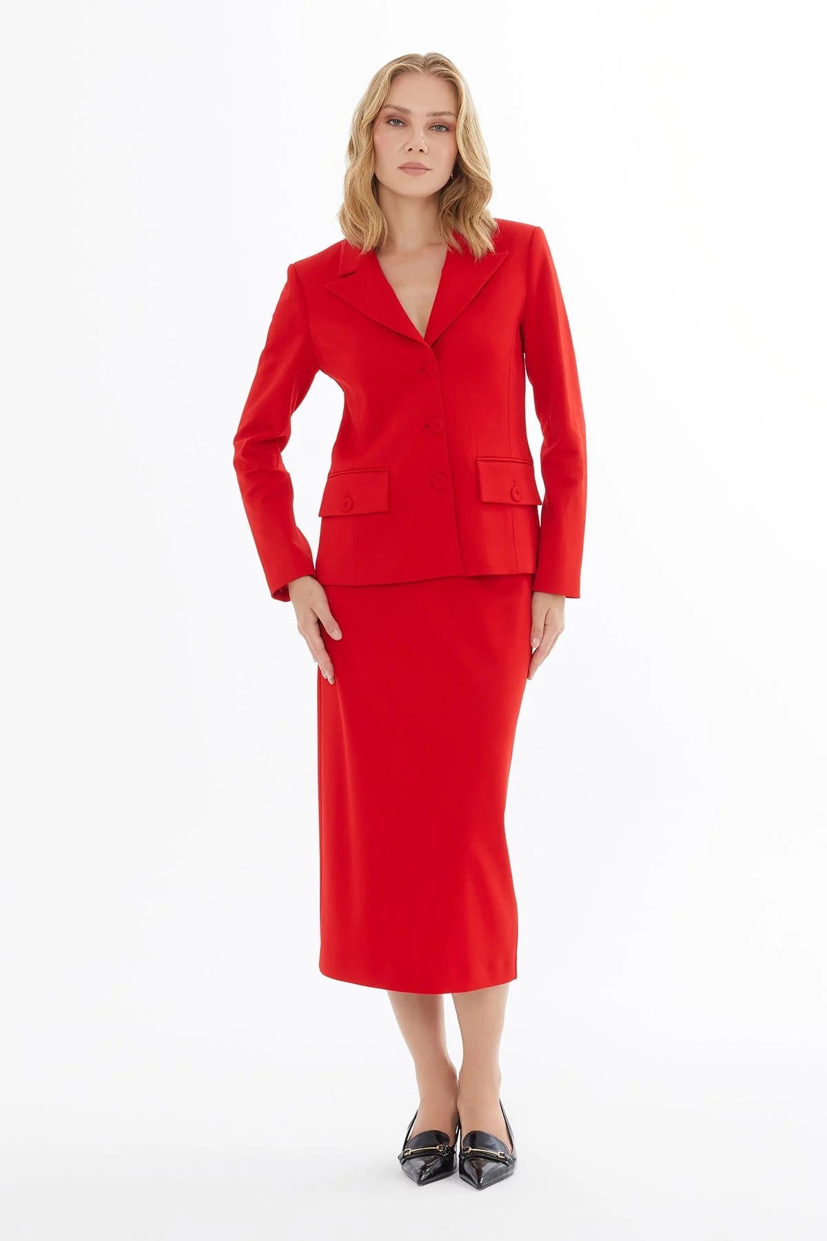 Red Button-Closure Jacket with Pockets - Image 3