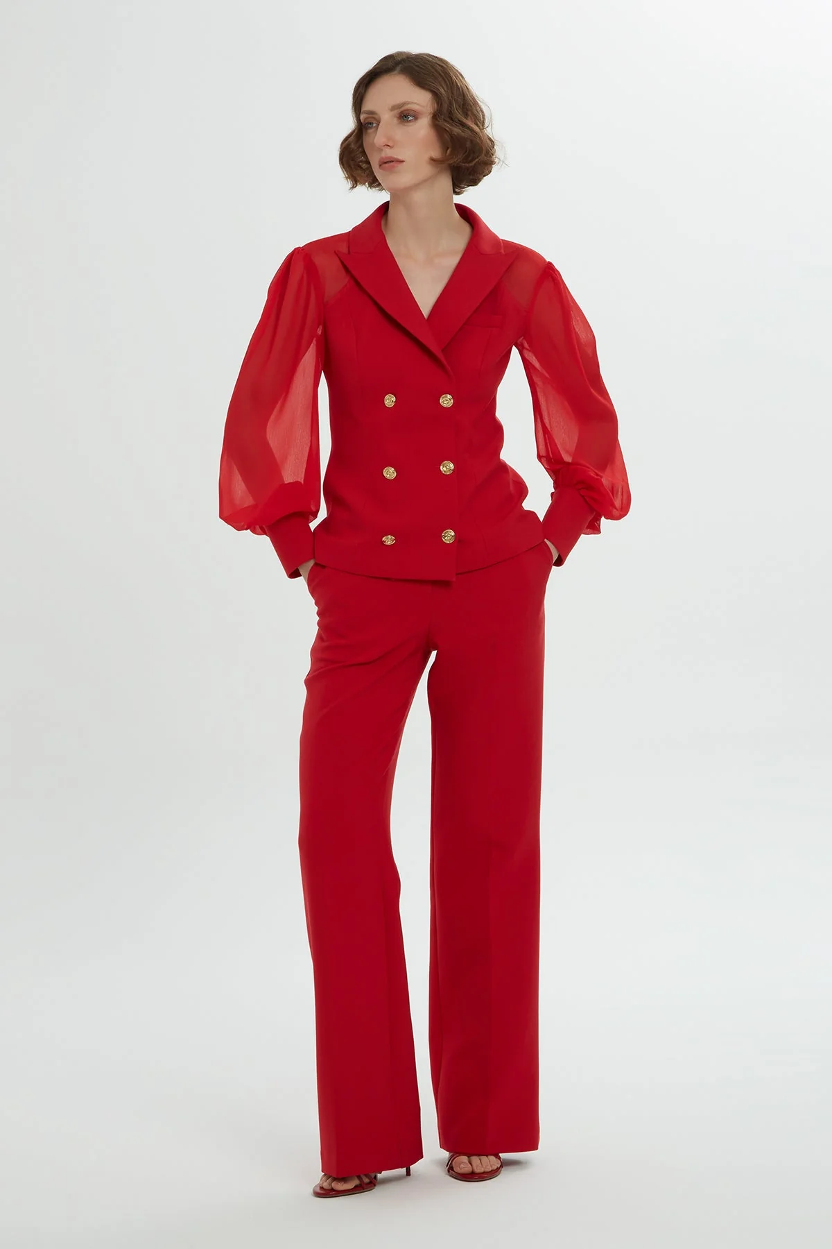 Red Chiffon-Sleeve Co-Ord Set - Image 3
