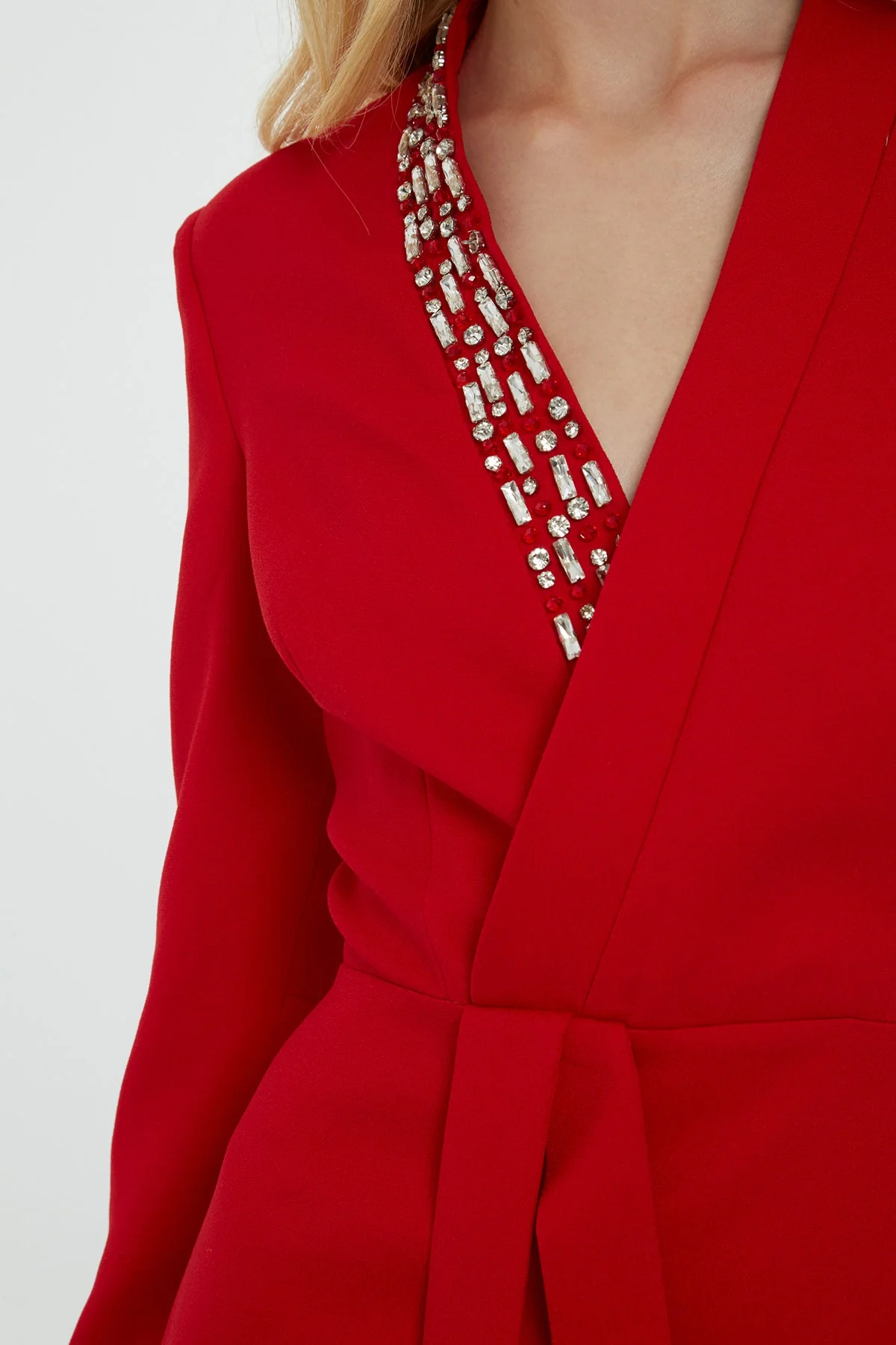 Red Embroidered-Collar V-Neck Maxi Dress - Image 3