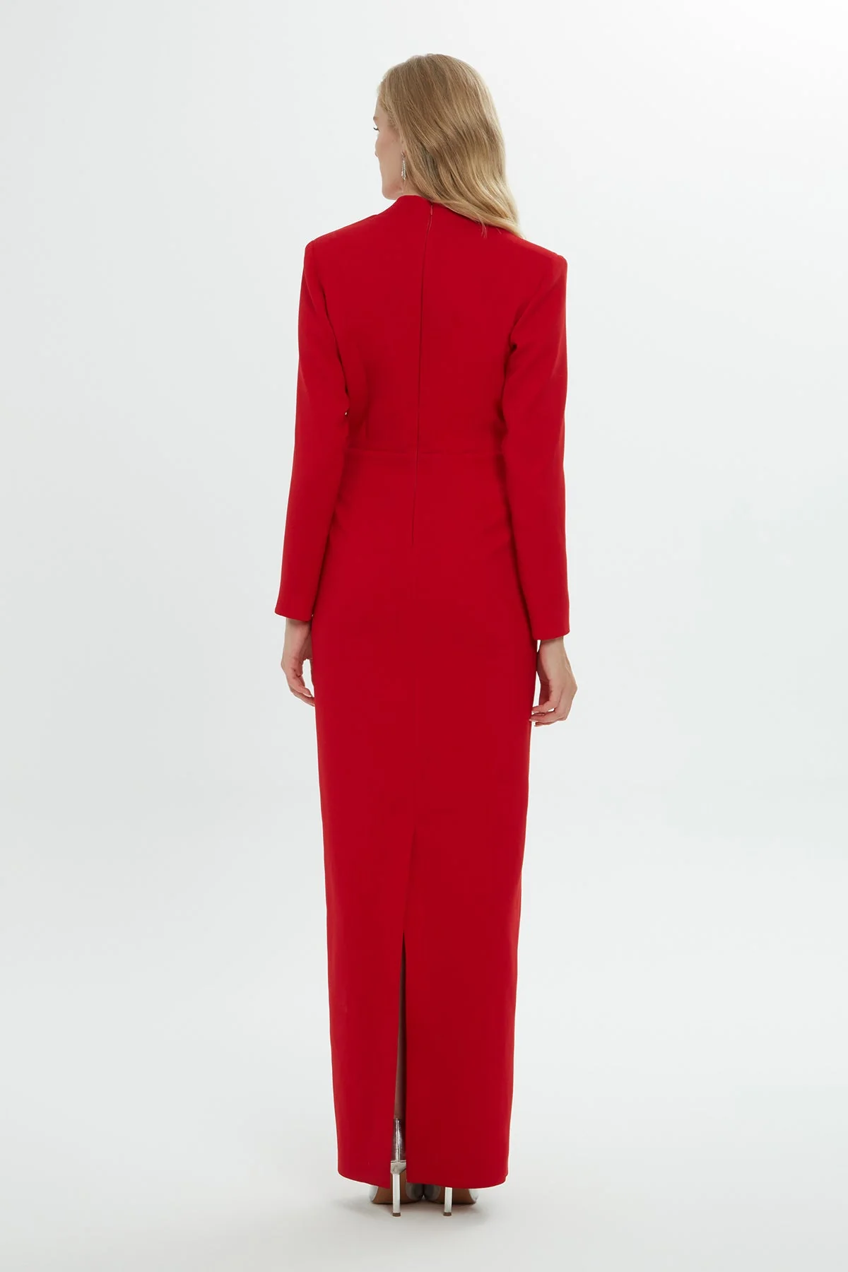 Red Embroidered-Collar V-Neck Maxi Dress - Image 4