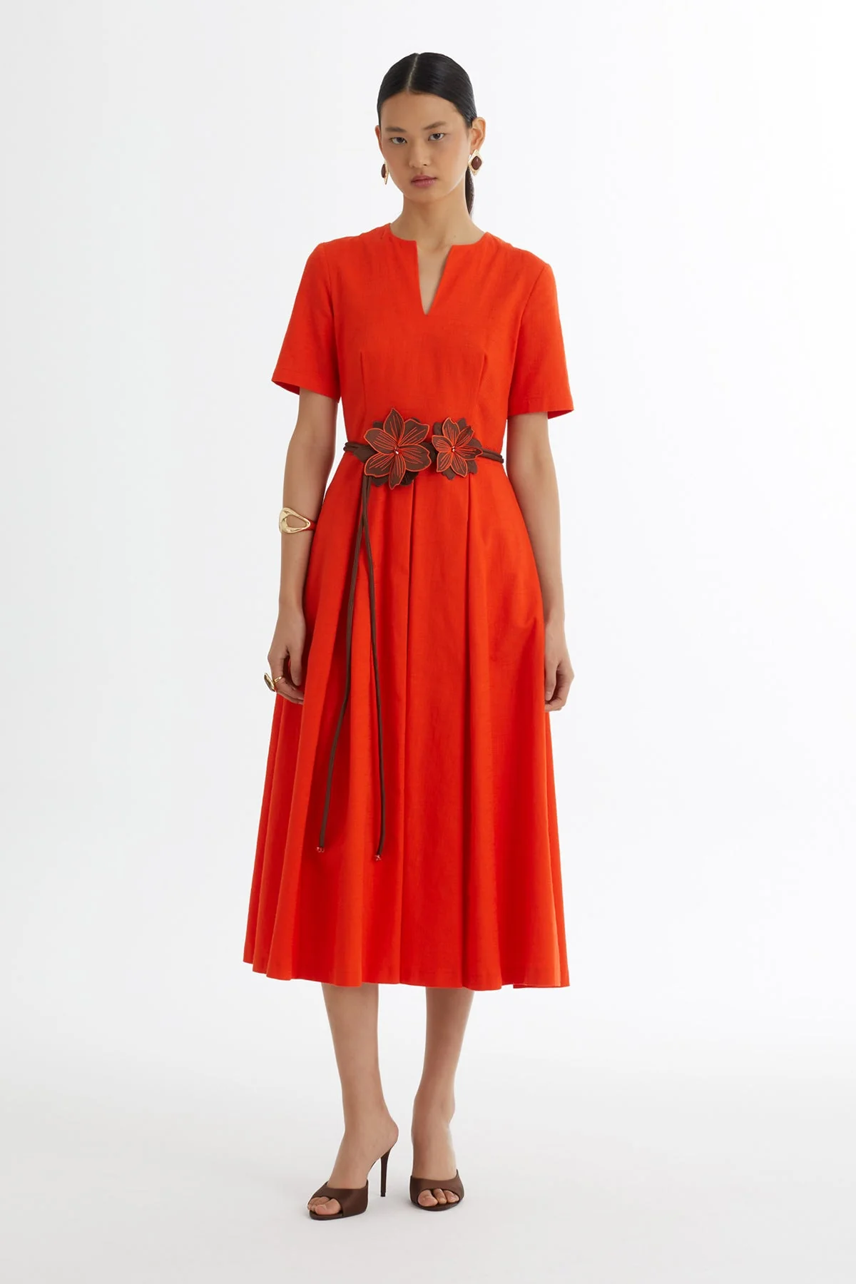 Red Floral Cord-Belted Dress