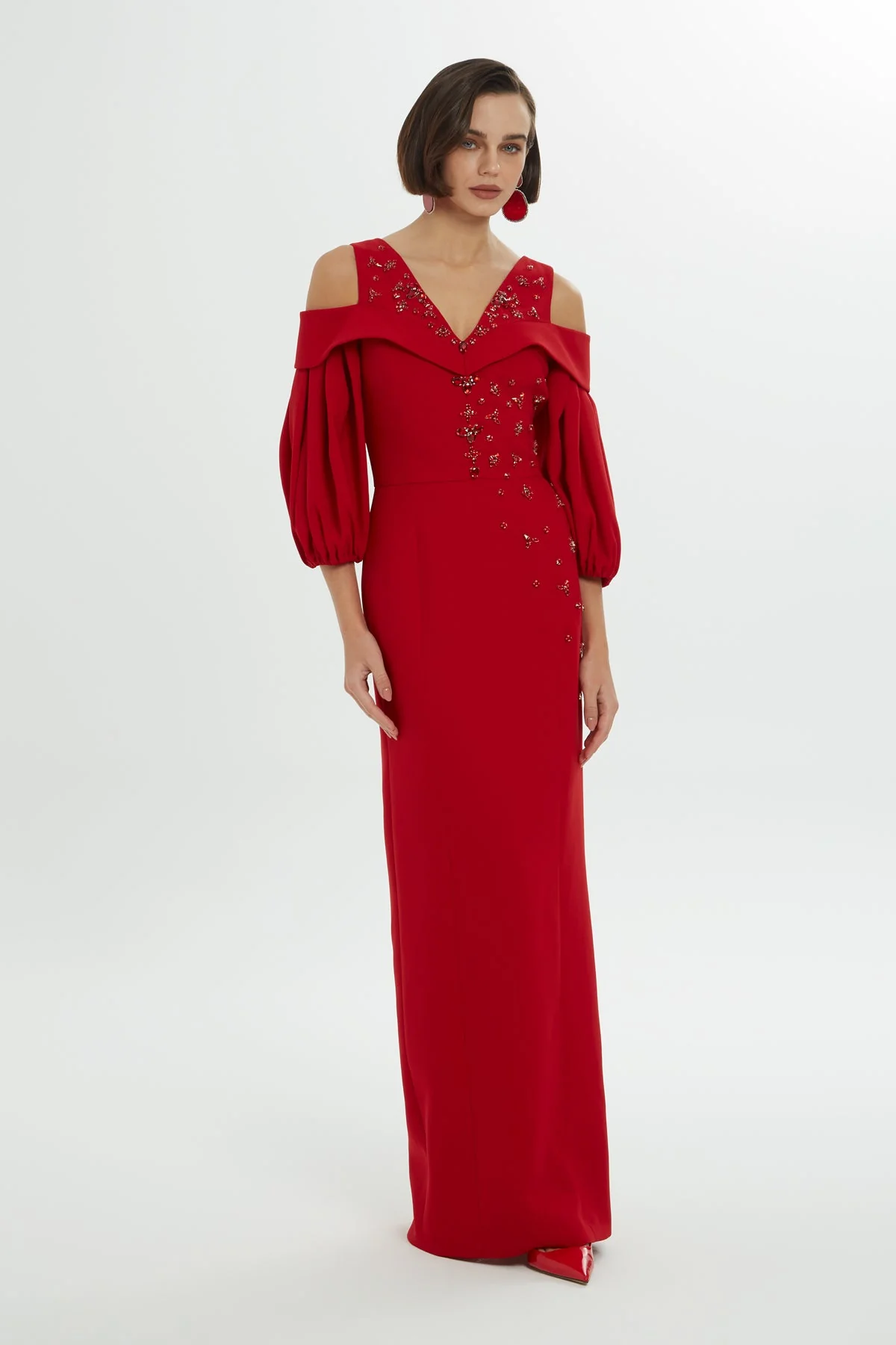 Red Long Dress with Balloon Sleeves