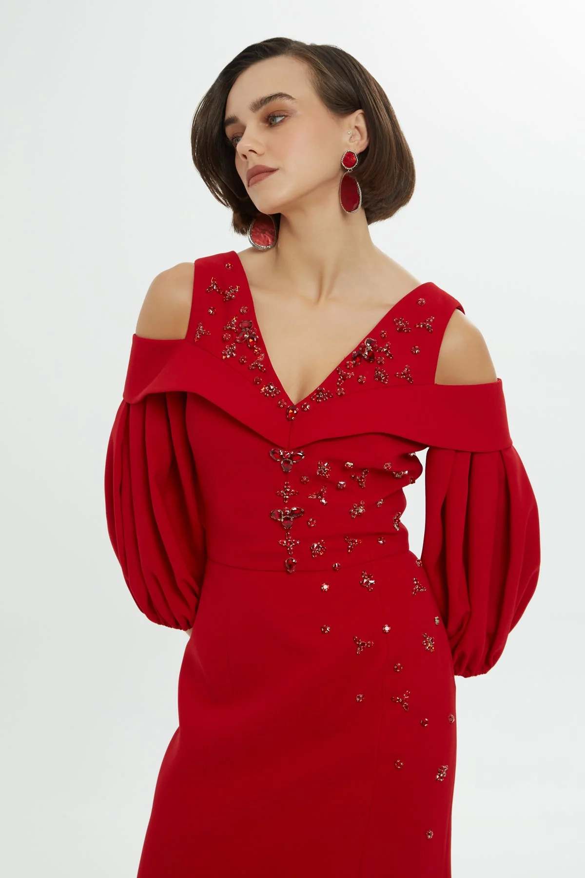 Red Long Dress with Balloon Sleeves - Image 2