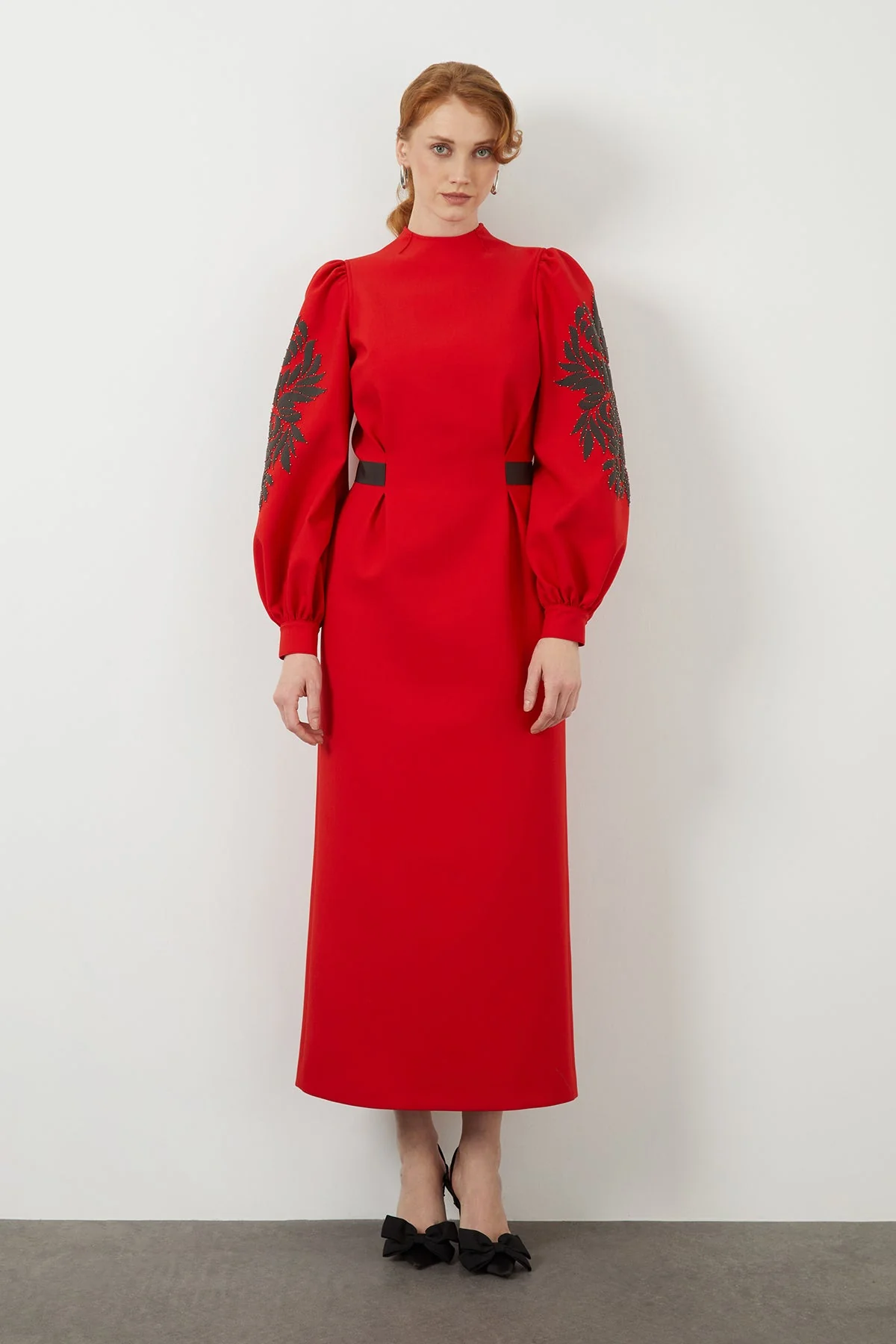 Red Long-Sleeved Embroidered Maxi Dress - Image 2