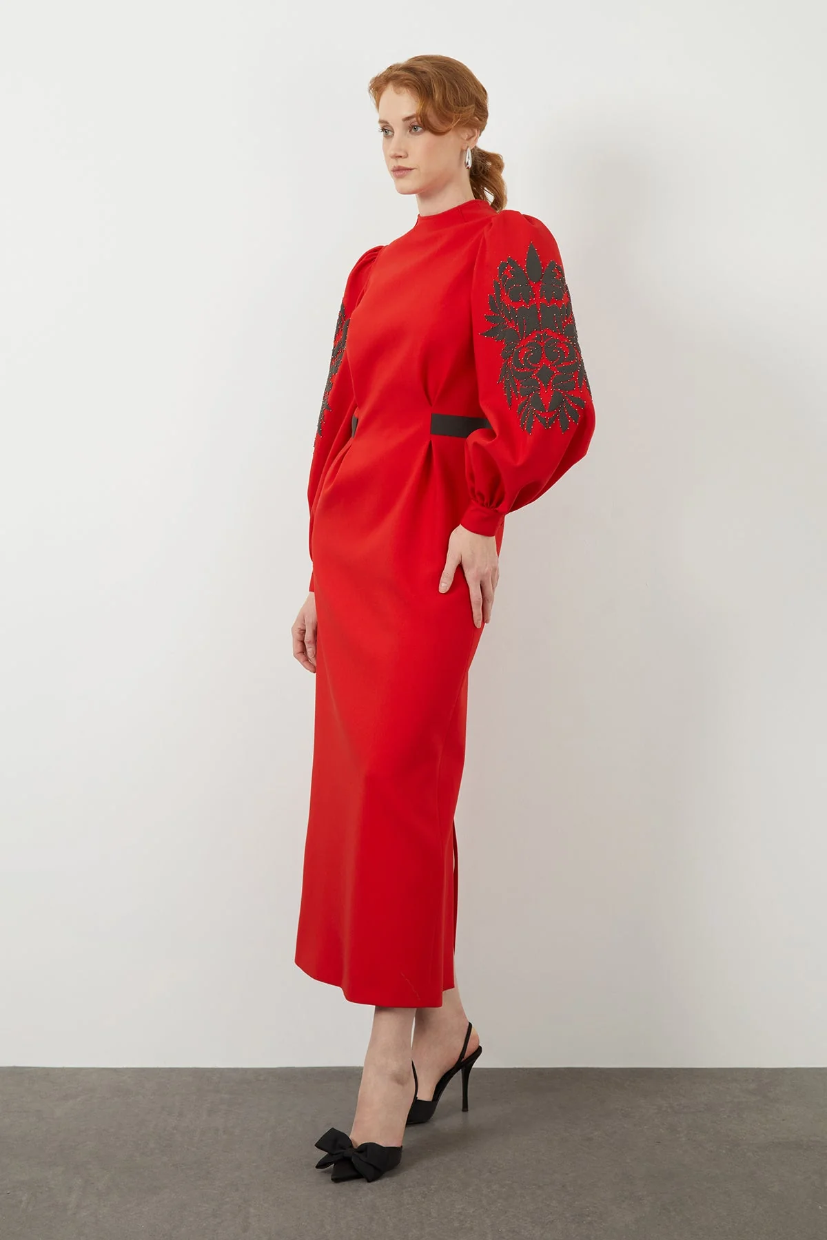 Red Long-Sleeved Embroidered Maxi Dress - Image 3