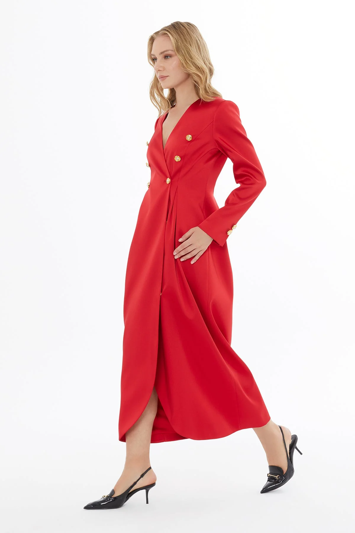 Red Midi Button Detail Dress - Image 4