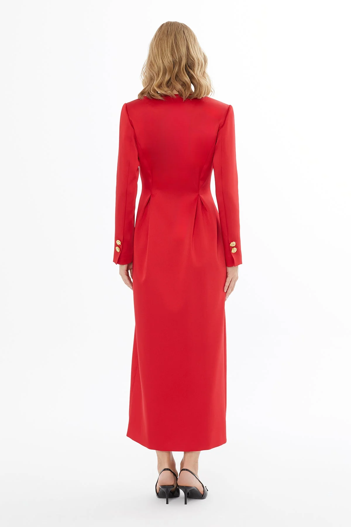 Red Midi Button Detail Dress - Image 5