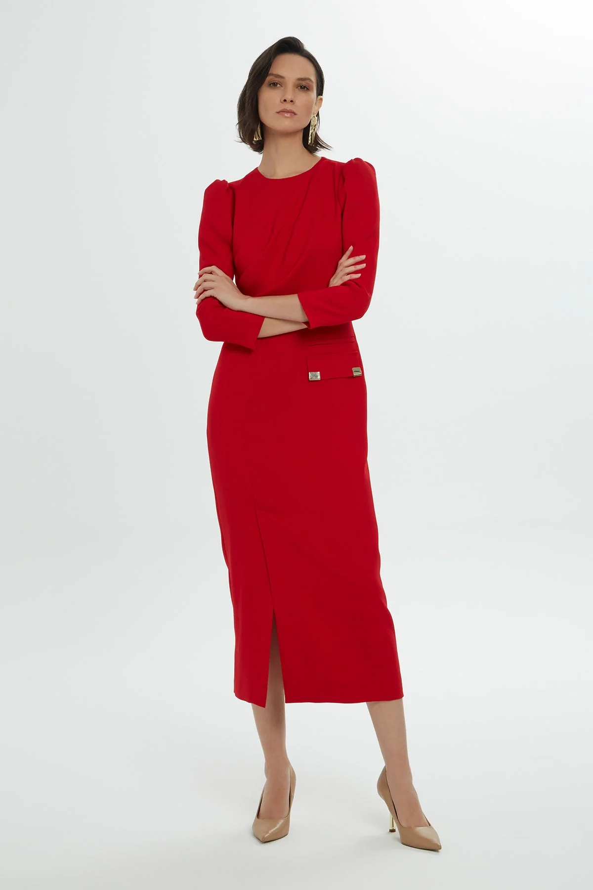 Red Midi Long Sleeved Dress - Image 2