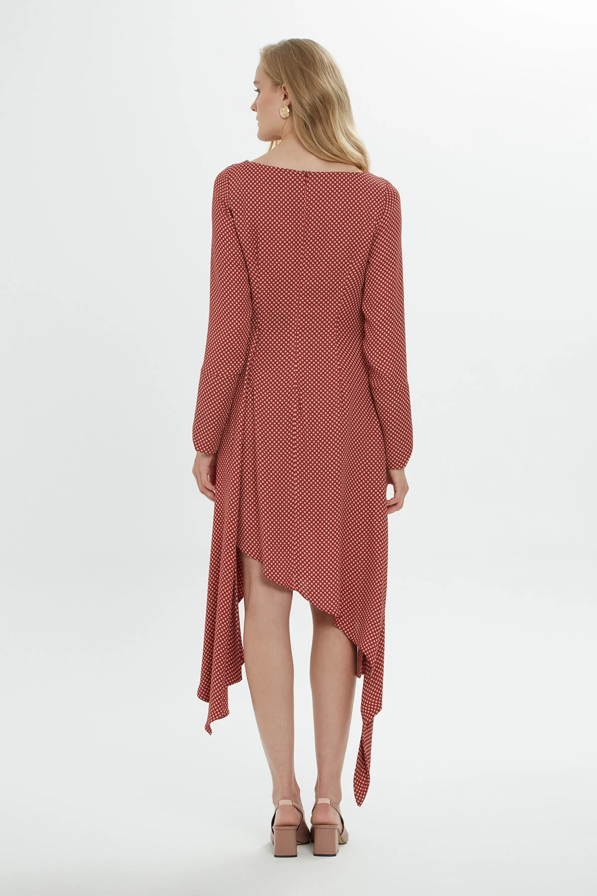 Red Polka Dot Asymmetric Midi Dress - Image 3