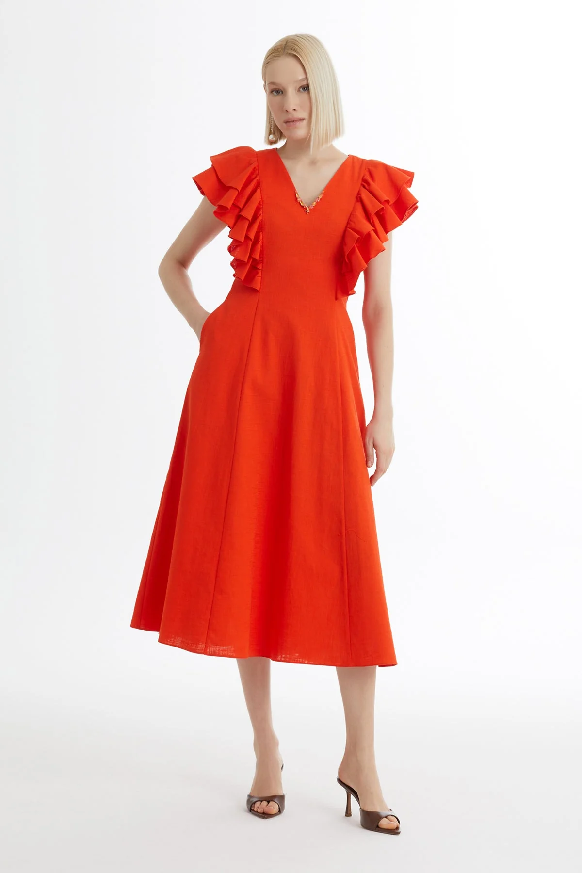 Red Ruffle Sleeve V-Neck Dress