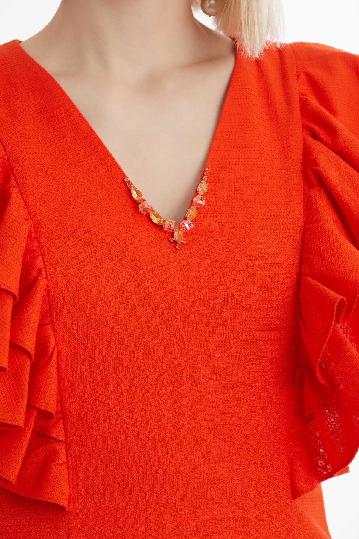 Red Ruffle Sleeve V-Neck Dress - Image 2