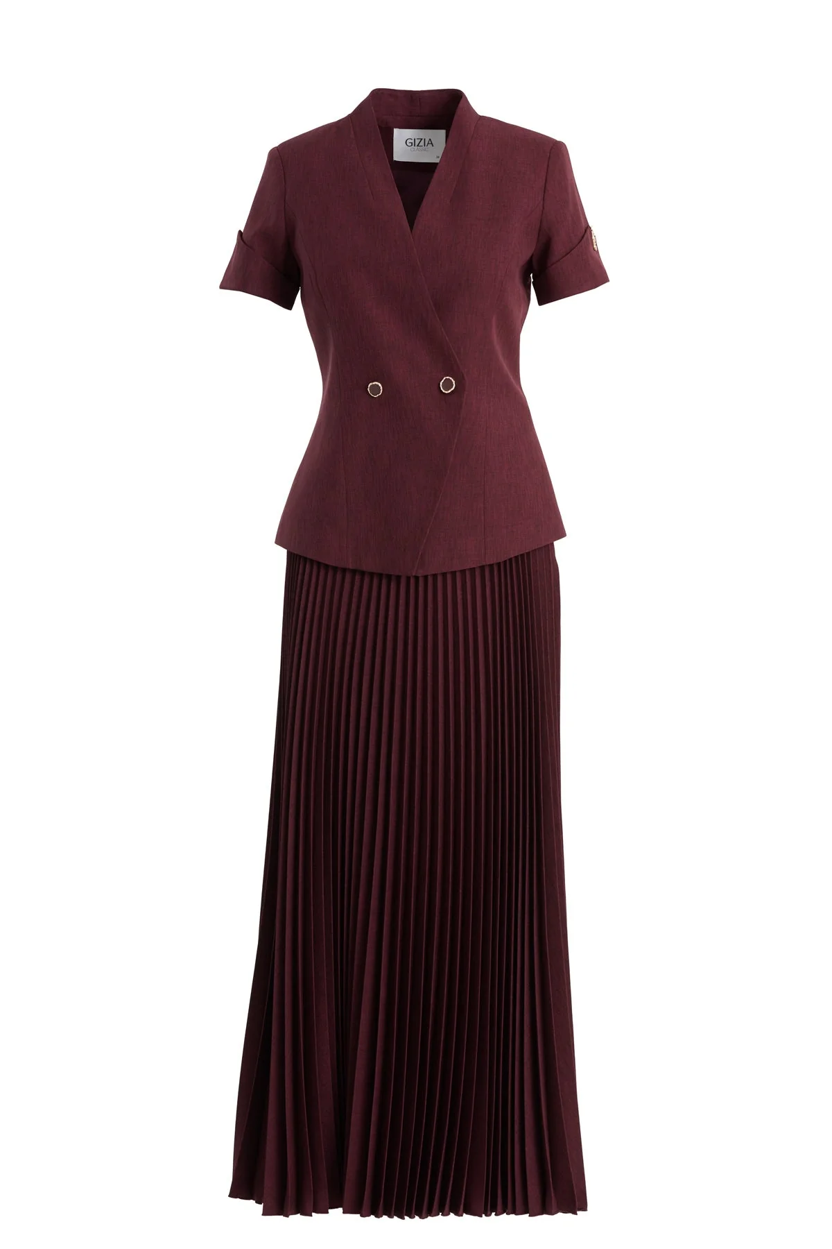 Red Short-Sleeve Blazer Pleated Skirt Set