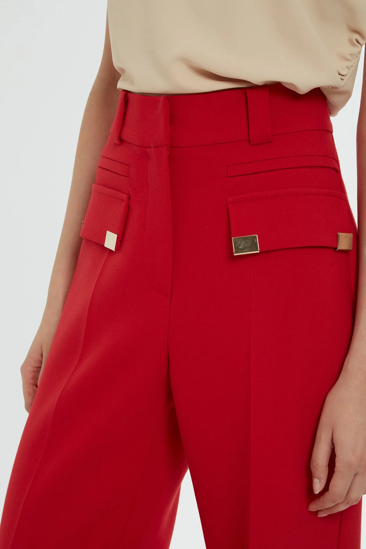 Red Wide-Leg Pocket Detail Pants - Image 2