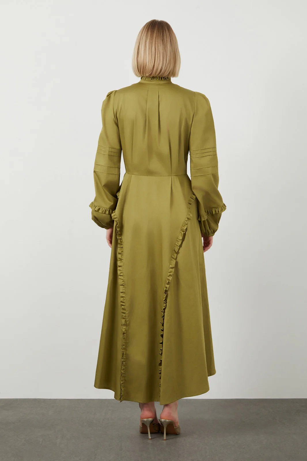 Ruffle Collar High-Low Hem Unlined Green Dress - Image 4