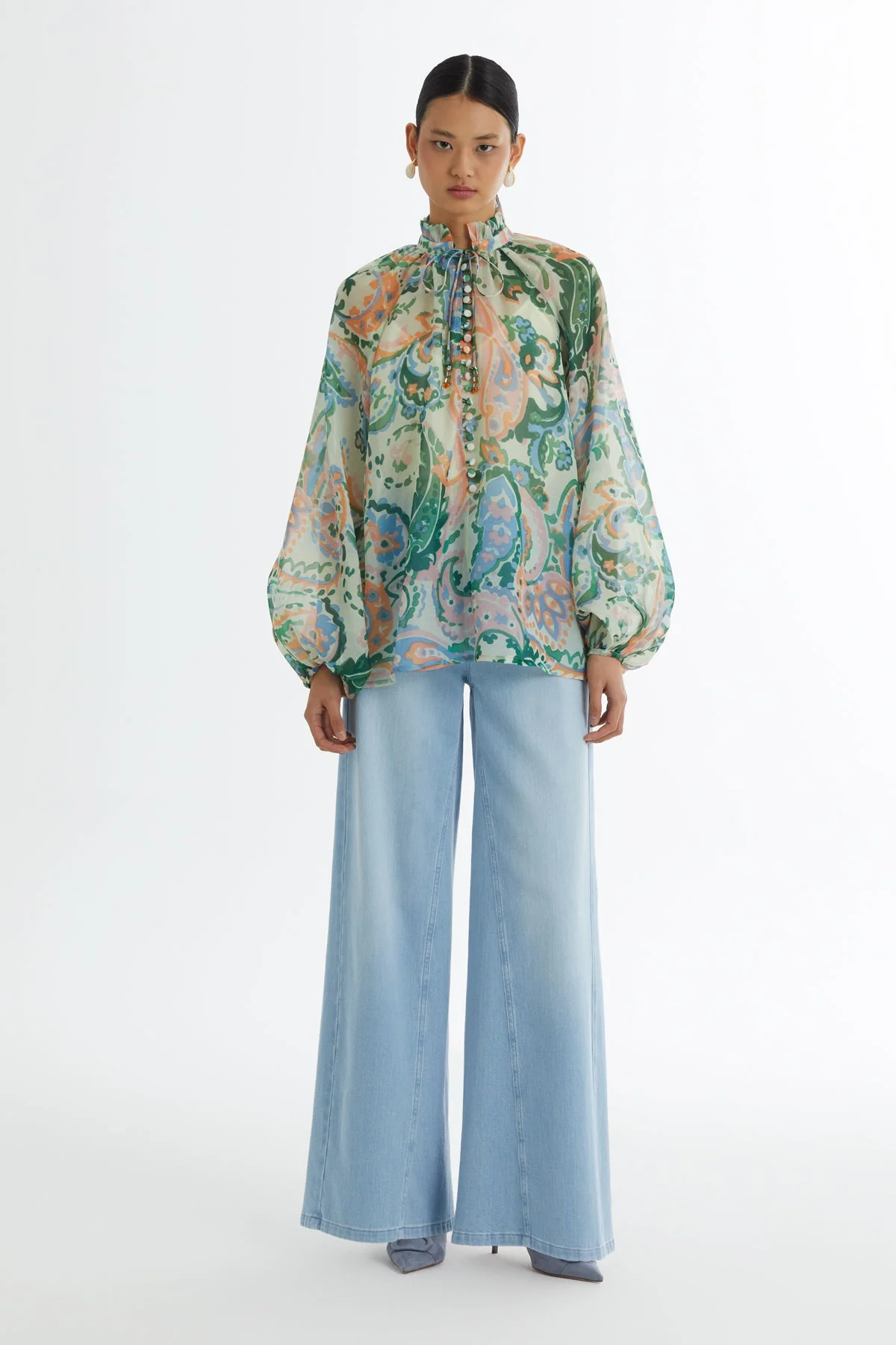 Ruffle-Neck Patterned Blouse