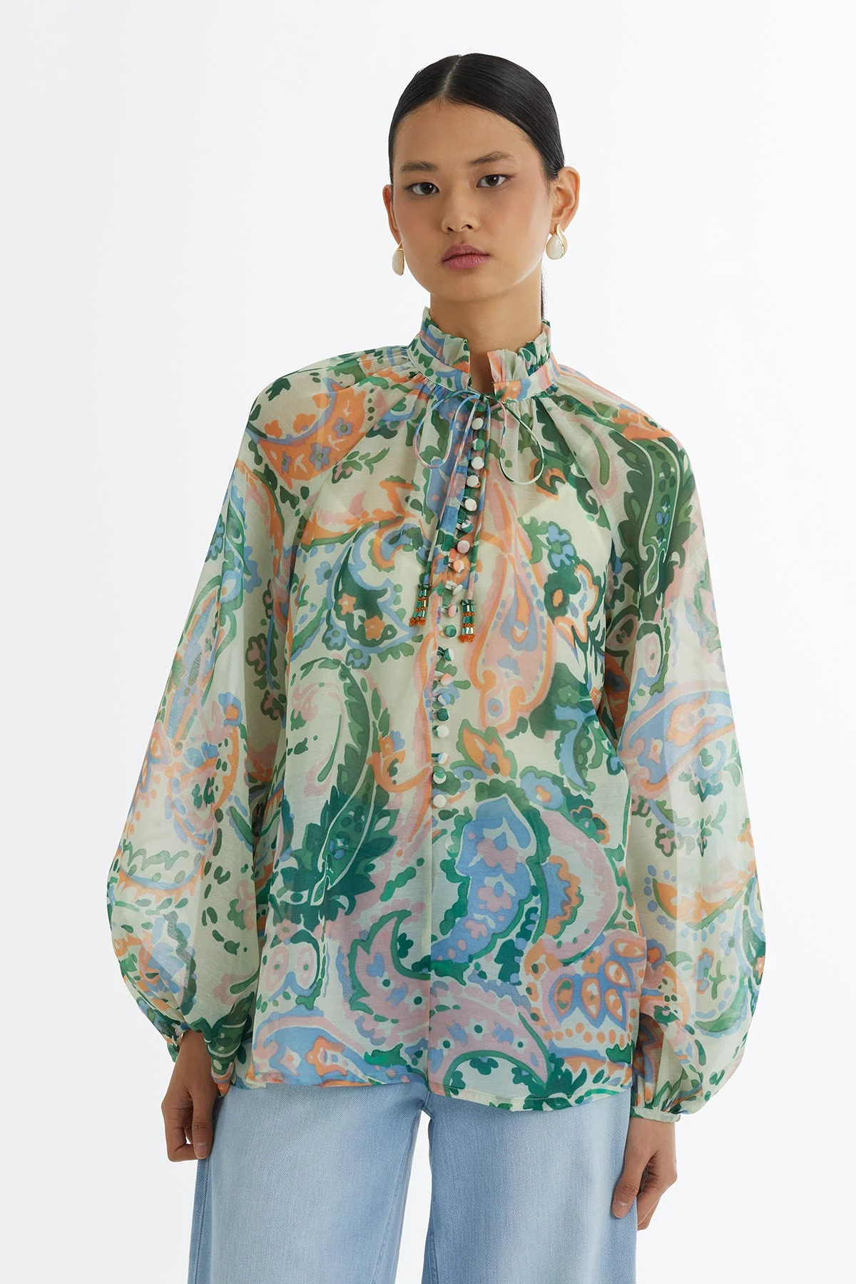 Ruffle-Neck Patterned Blouse - Image 2
