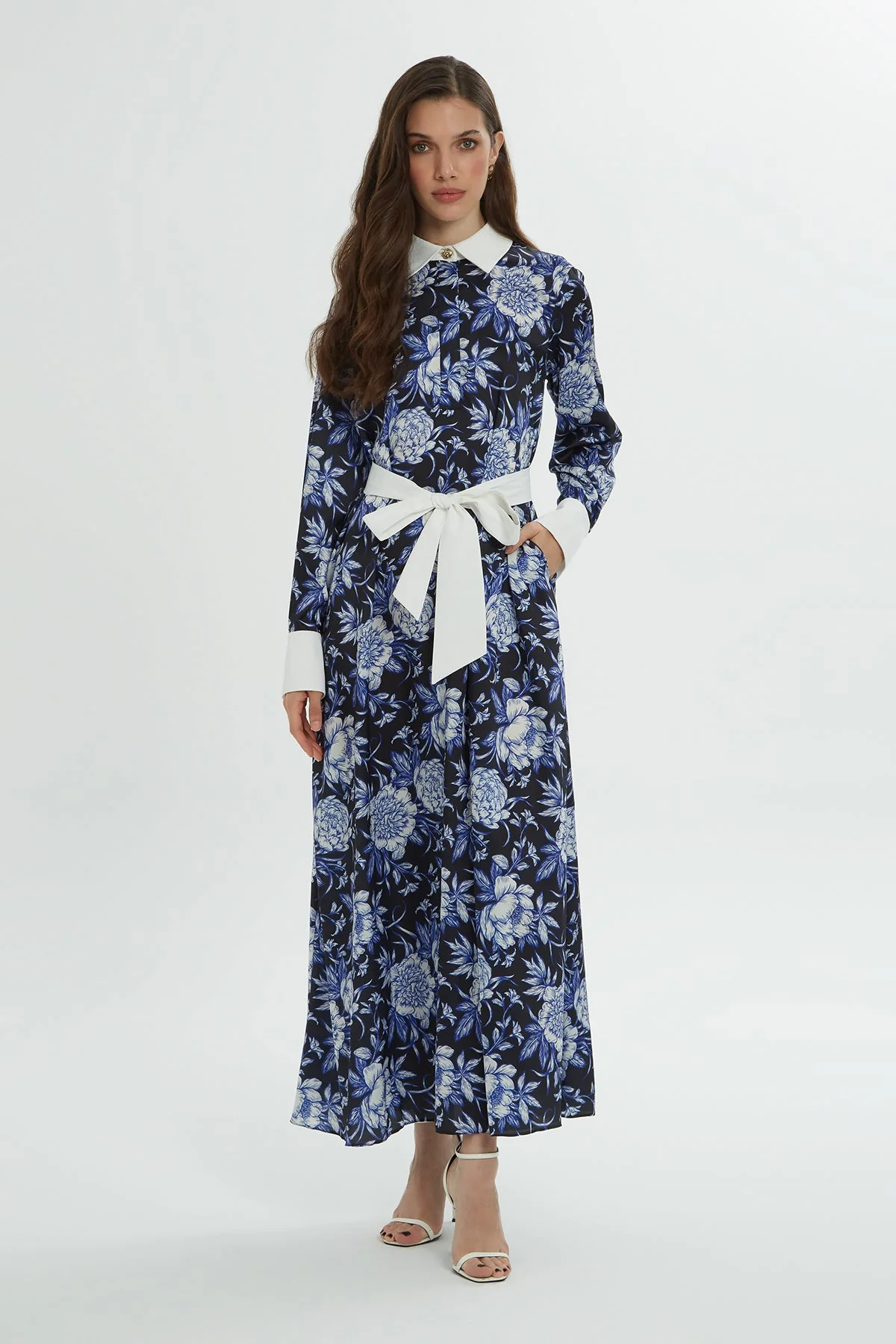 Shirt Collar Patterned Midi  Dress