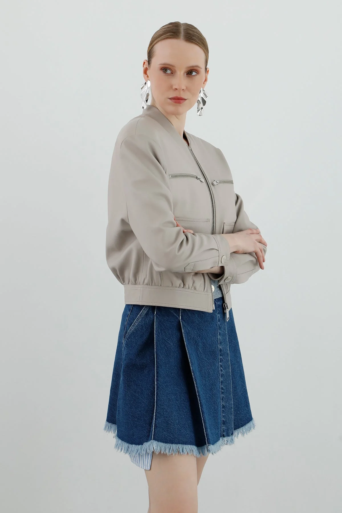 Short Leather Bomber Jacket - Image 2