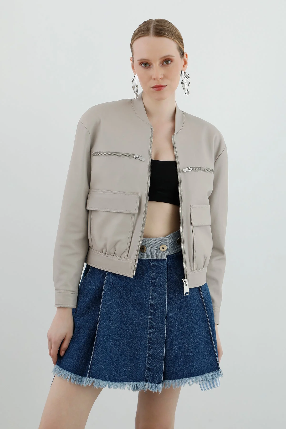 Short Leather Bomber Jacket - Image 3