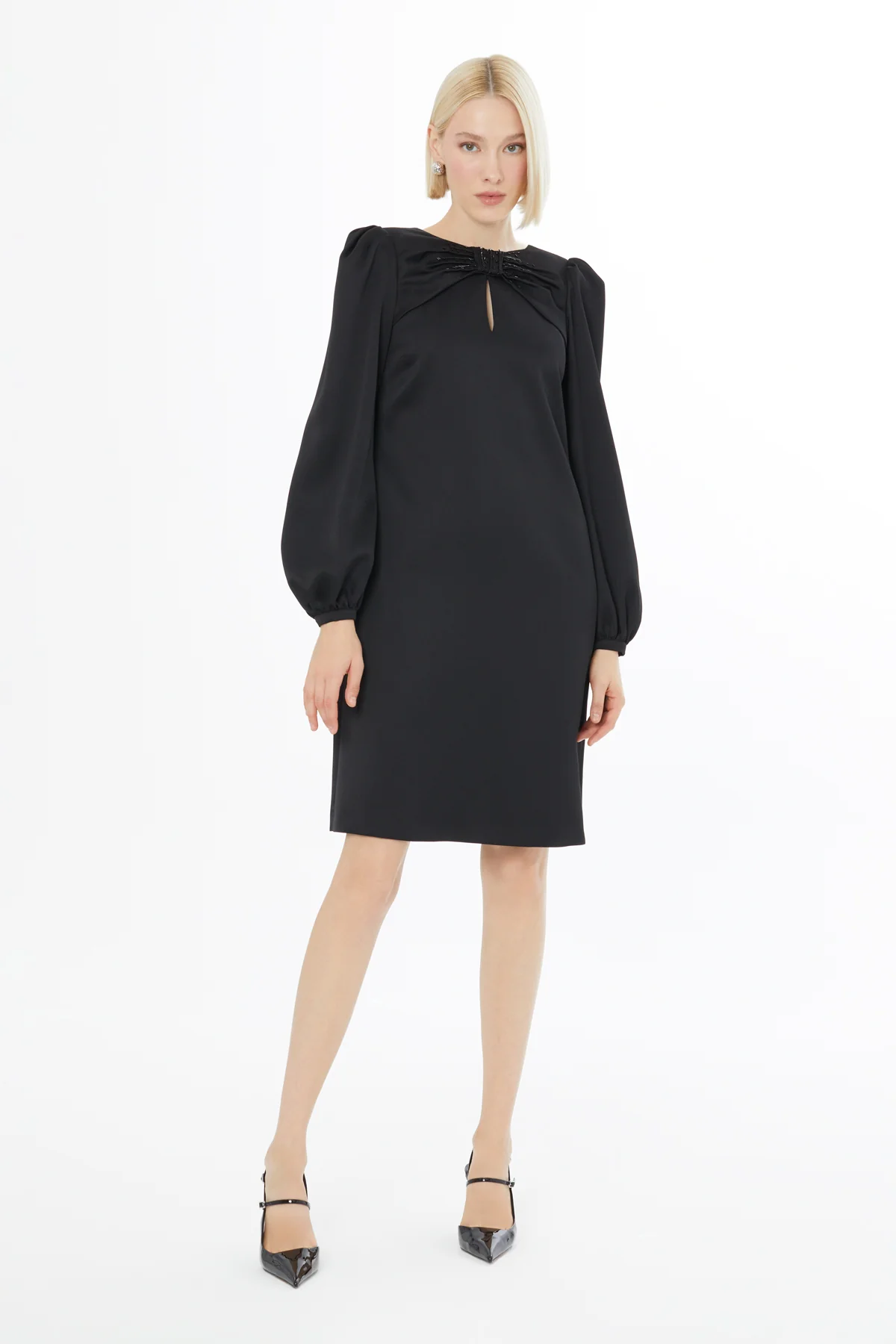 Shoulder-Pad Long-Sleeve Buttoned Midi Dress