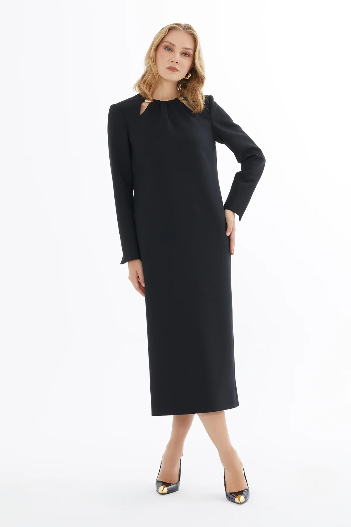 Slit-Sleeve Dress with Metal Detail