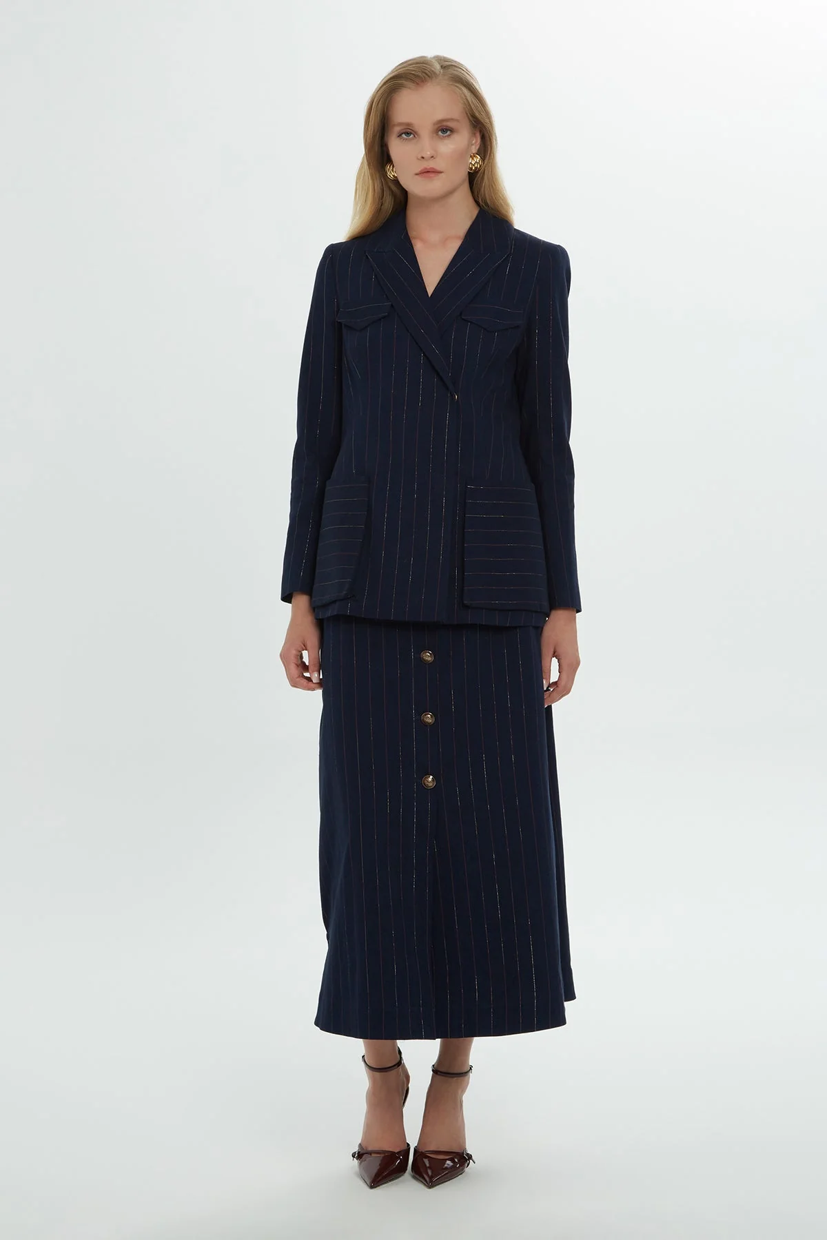 Striped Button-Sleeve Blazer