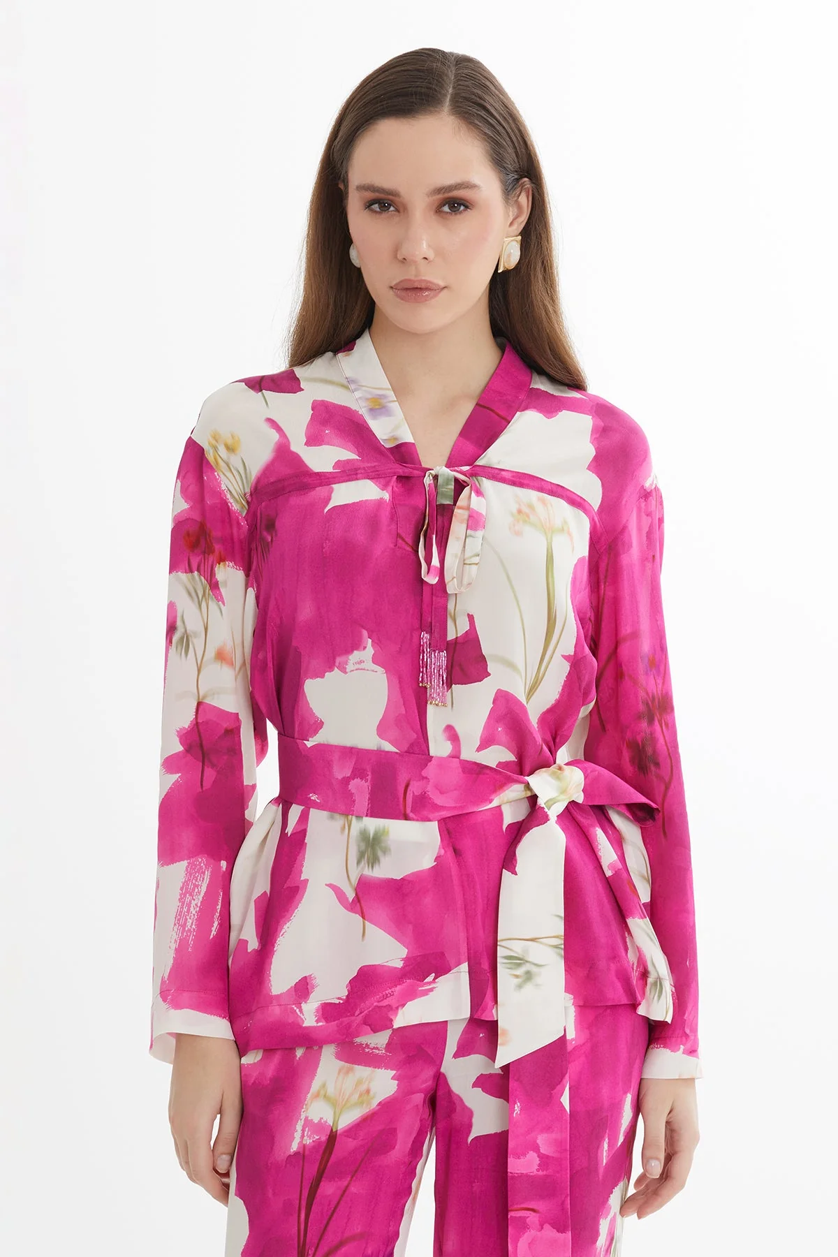 V-Neck Belted Long-Sleeve Blouse - Image 2