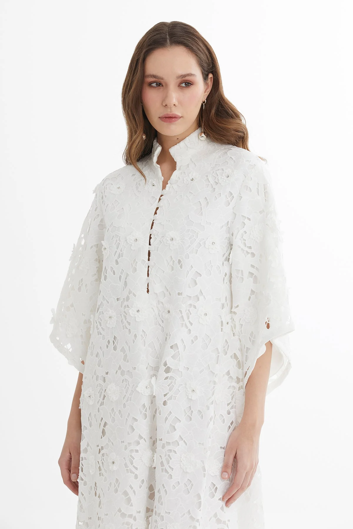 White Batwing Sleeve Embroidered Midi Dress - Image 2