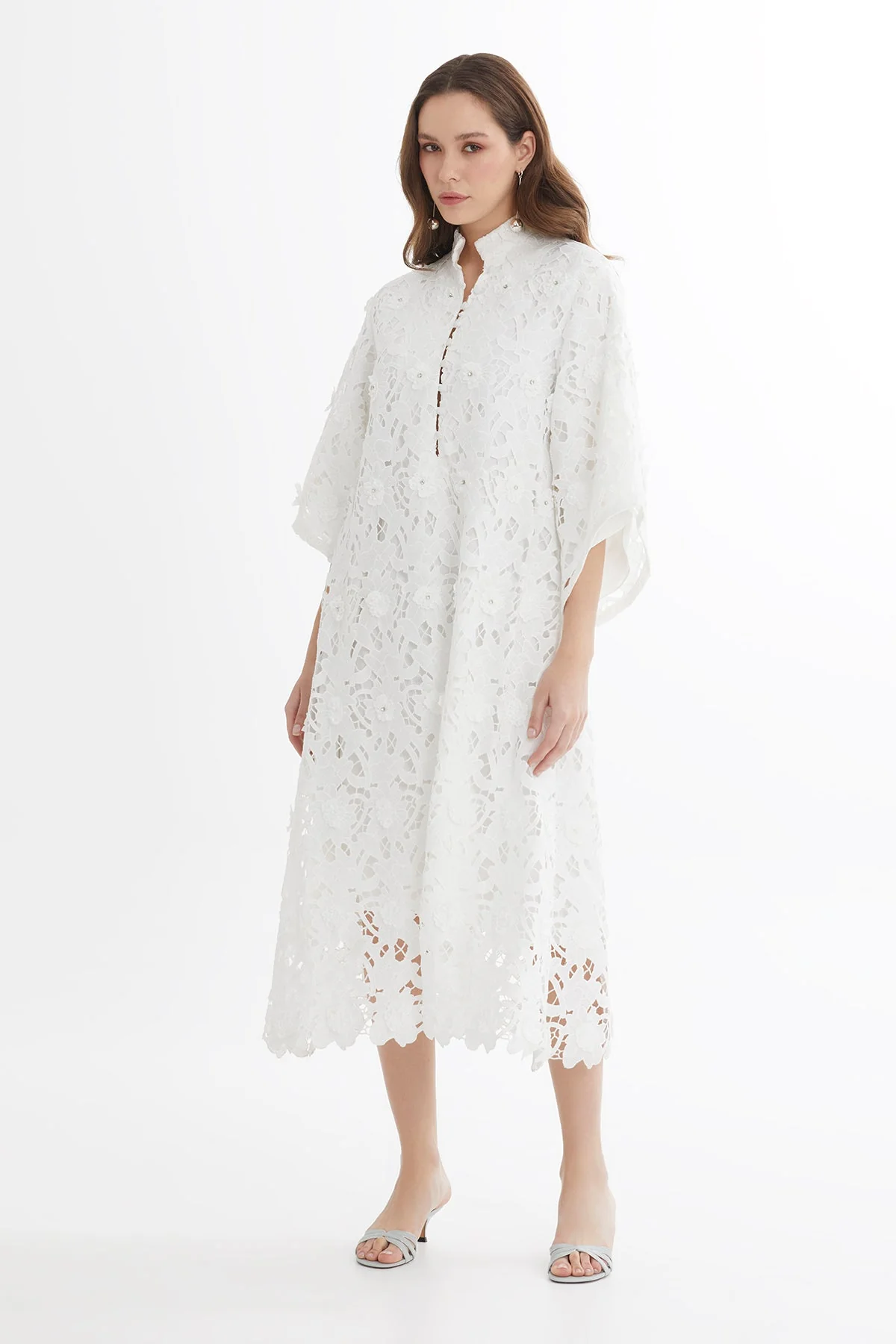 White Batwing Sleeve Embroidered Midi Dress - Image 3
