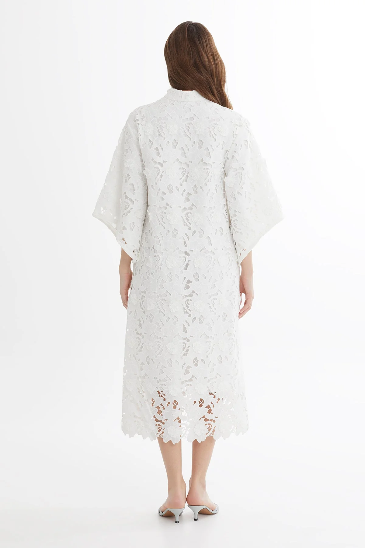 White Batwing Sleeve Embroidered Midi Dress - Image 4