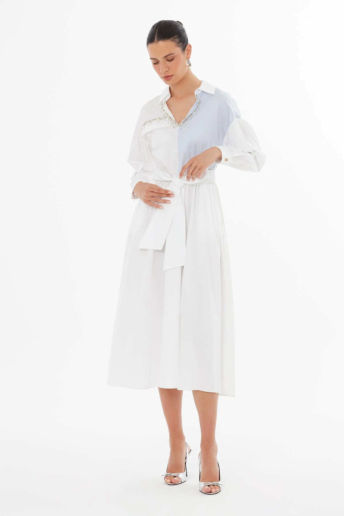 White Beaded Belted Dress