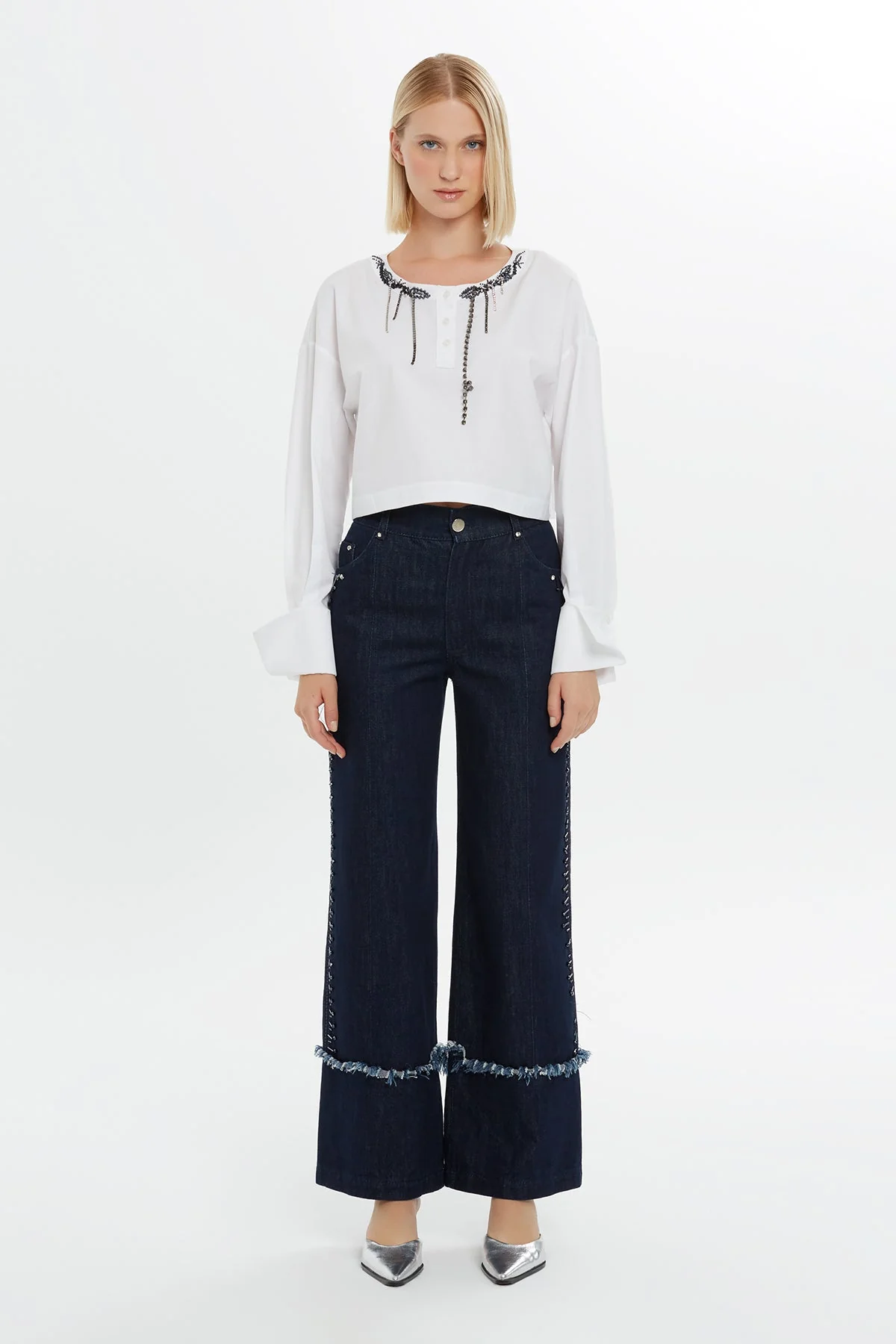 White Beaded Collar Detail Blouse