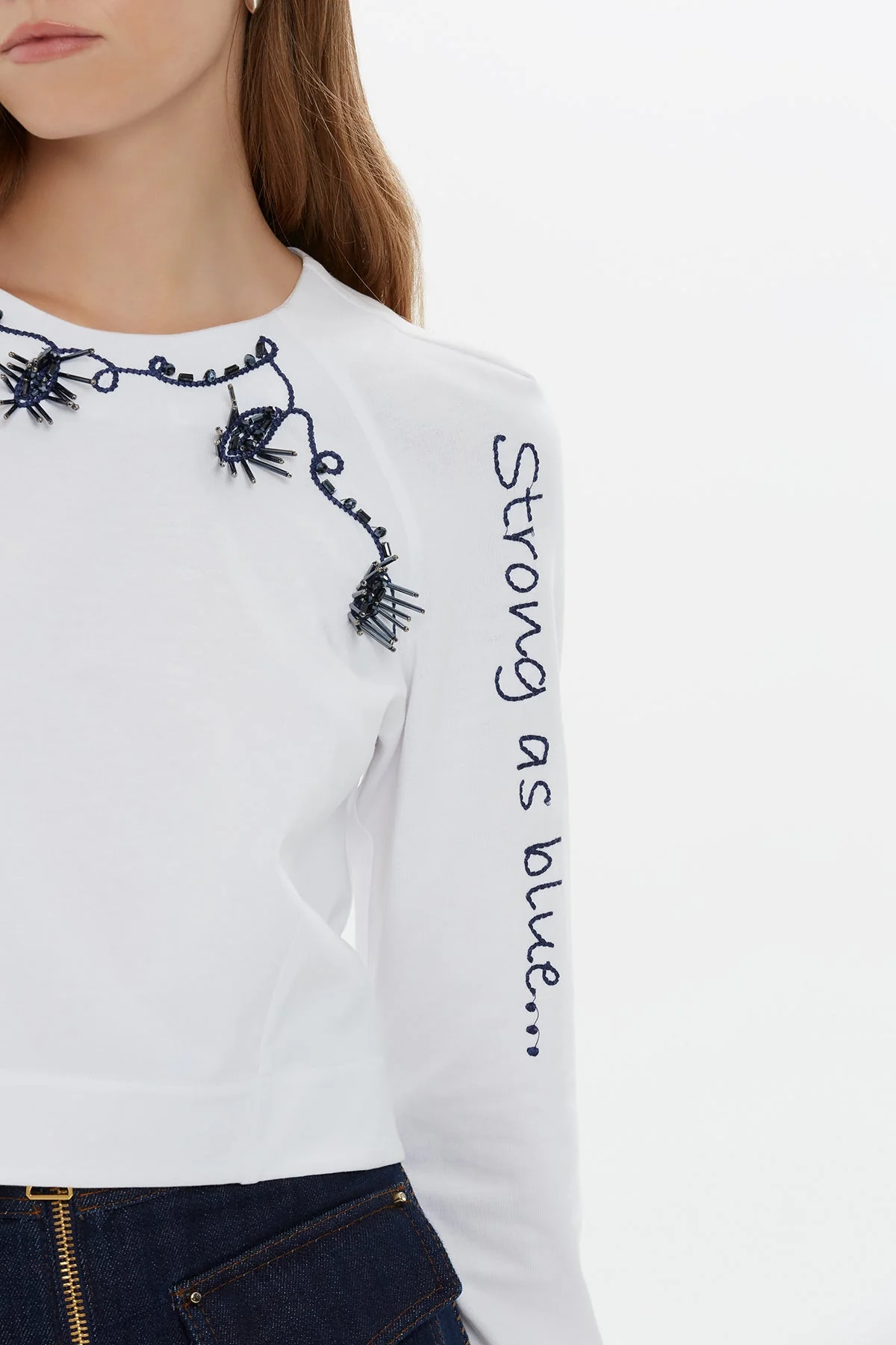 White Beaded Collar Long-Sleeve T-Shirt - Image 3
