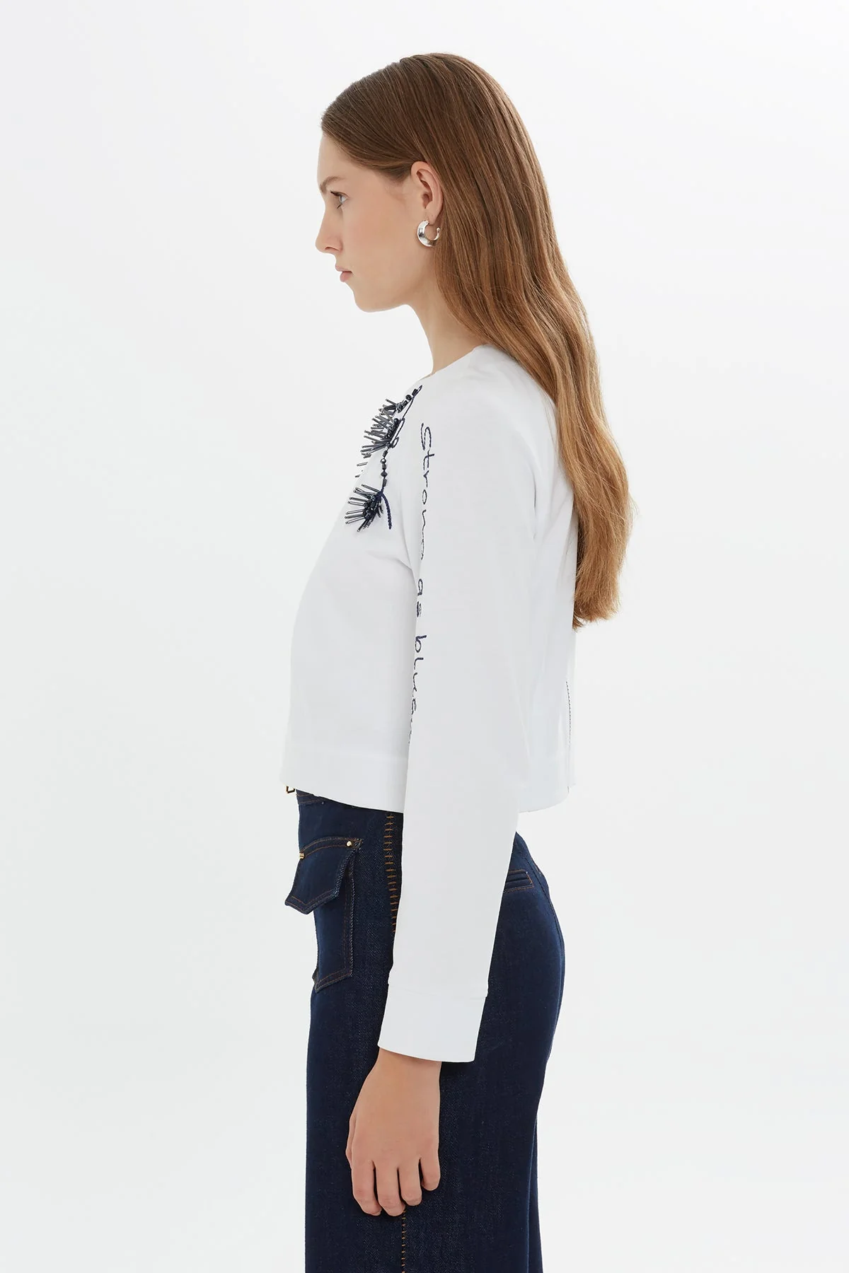 White Beaded Collar Long-Sleeve T-Shirt - Image 4