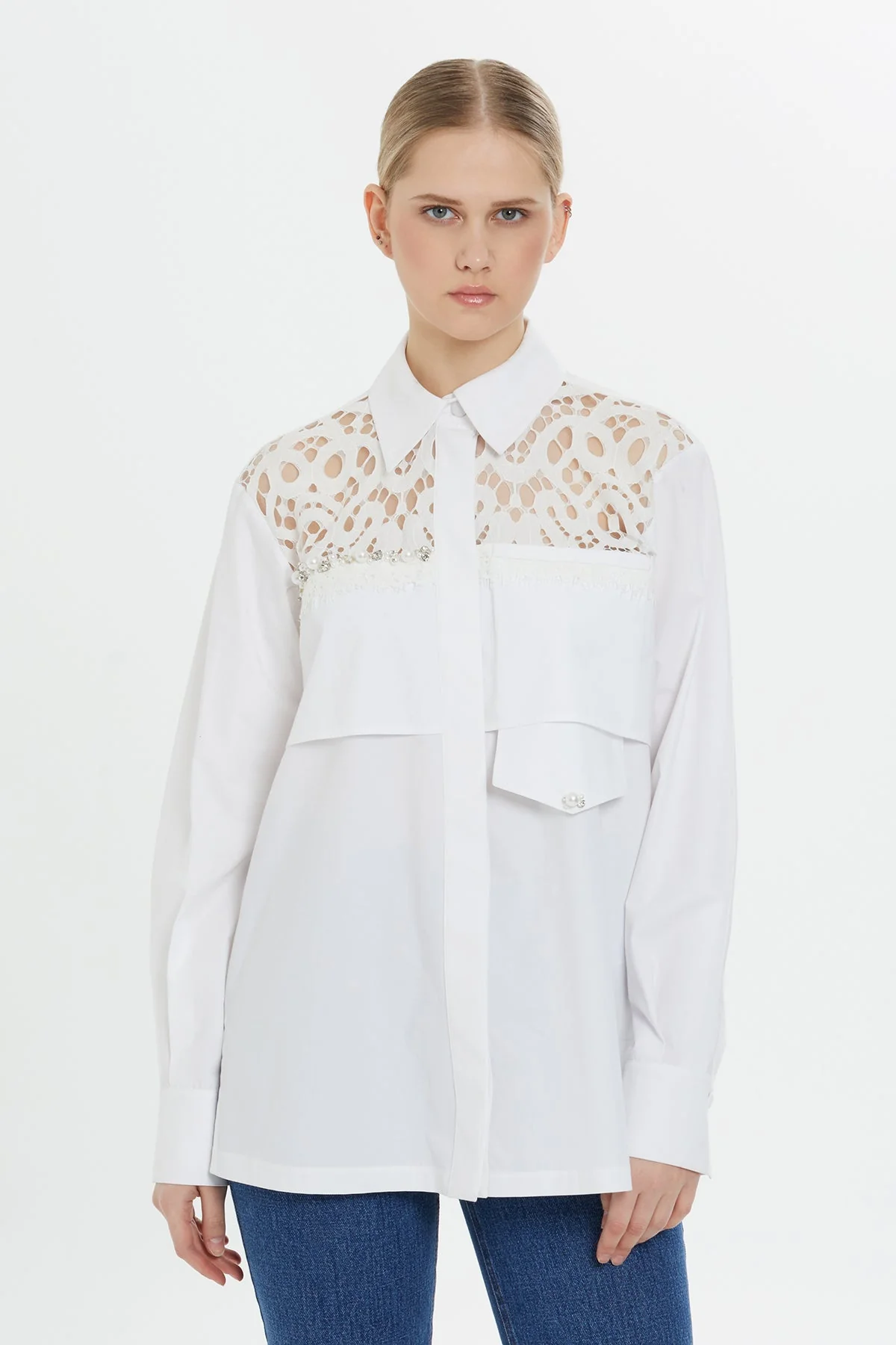 White Beaded Cotton Shirt