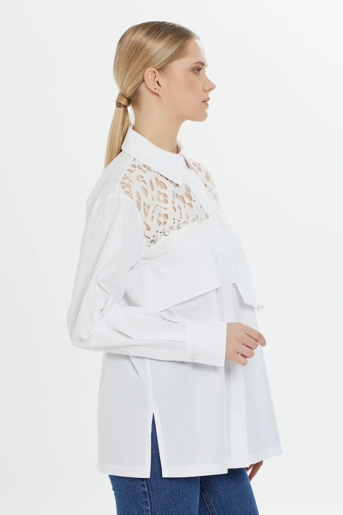 White Beaded Cotton Shirt - Image 3