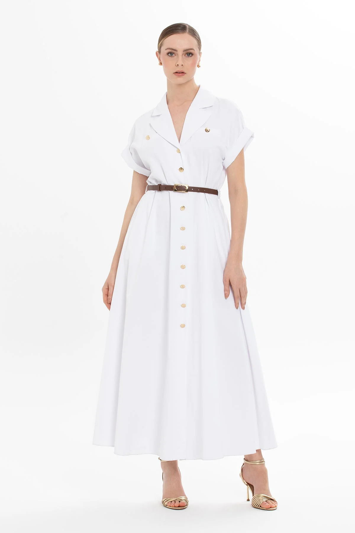 White Belted Half-Sleeved Long Dress