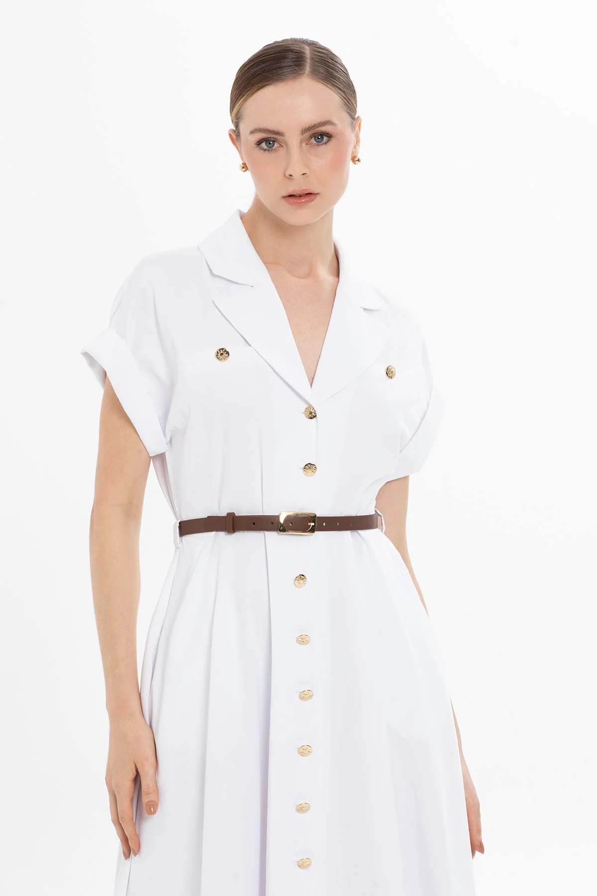 White Belted Half-Sleeved Long Dress - Image 2