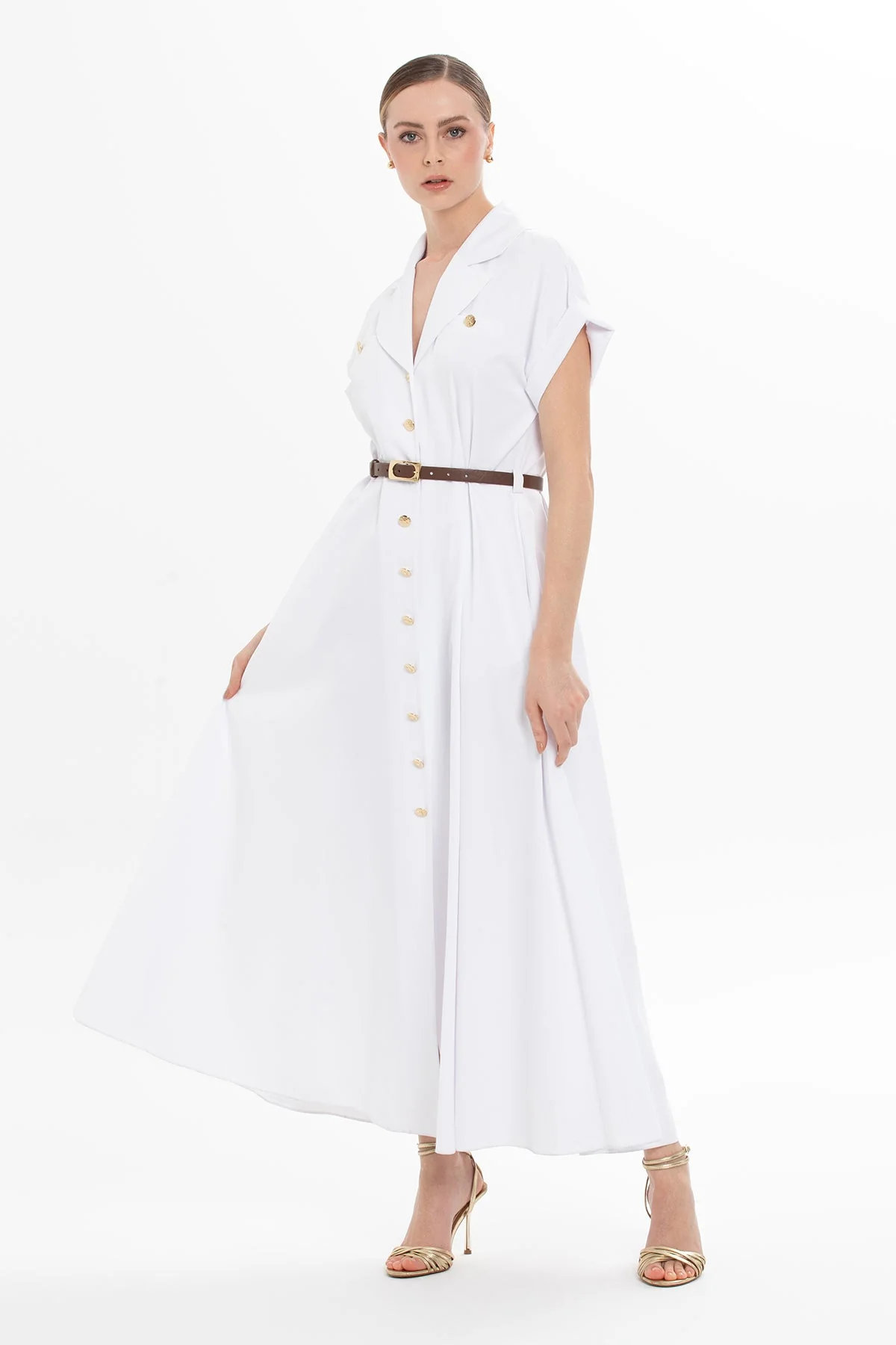 White Belted Half-Sleeved Long Dress - Image 3