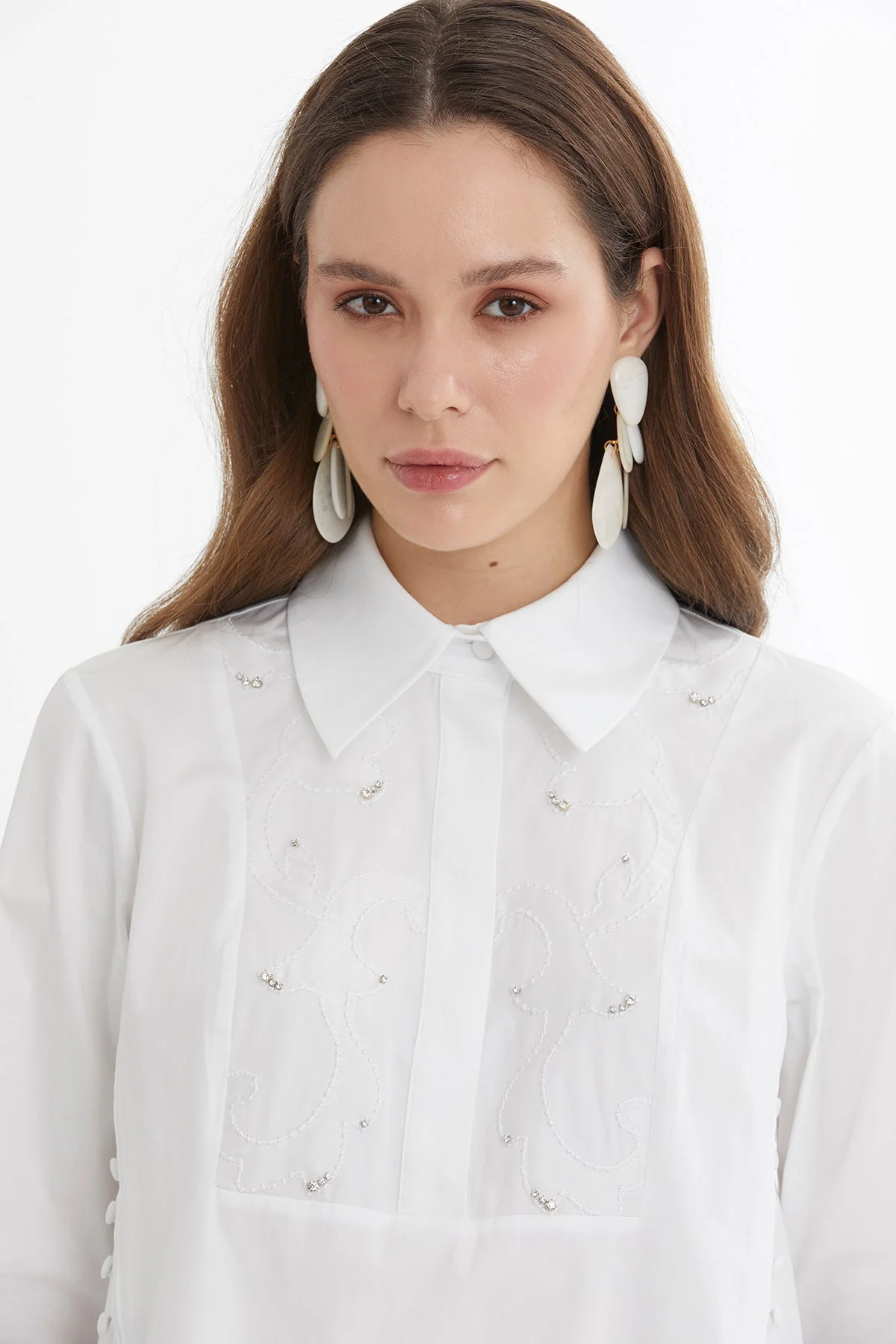 White Button Detail Embroidered Shirt - Image 3